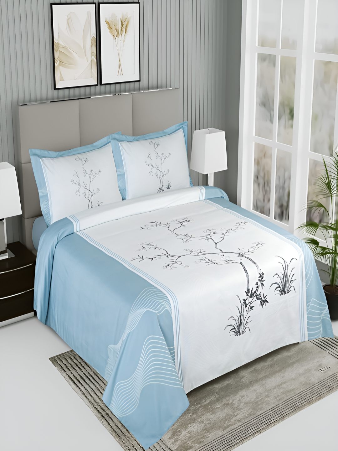 

GAPU & BALY Blue & White Floral 200 TC King Bedsheet With 2 Pillow Covers