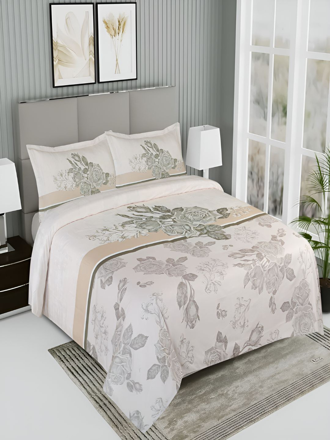 

GAPU & BALY Peach & Green Floral 200 TC King Bedsheet With 2 Pillow Covers