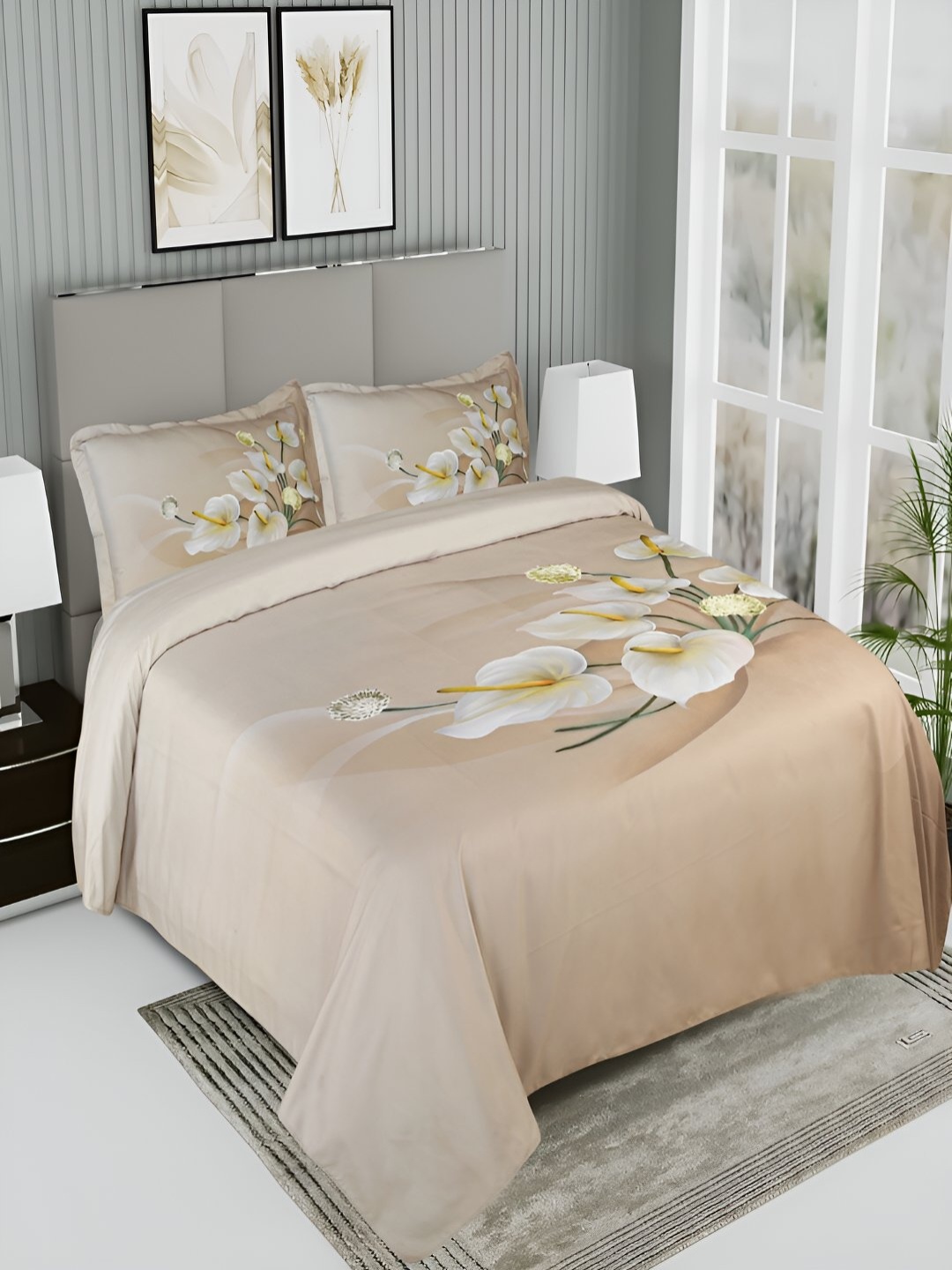 

GAPU & BALY Beige & White Floral 200 TC King Bedsheet With 2 Pillow Covers