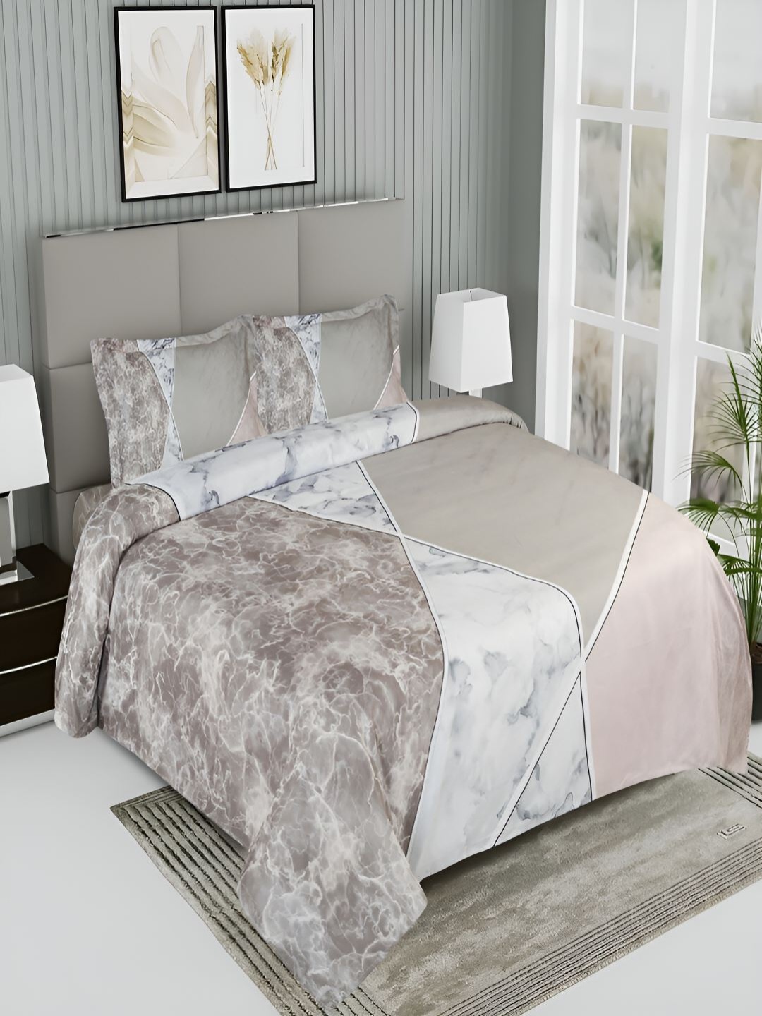 

GAPU & BALY Beige & White Abstract 200 TC King Bedsheet With 2 Pillow Covers
