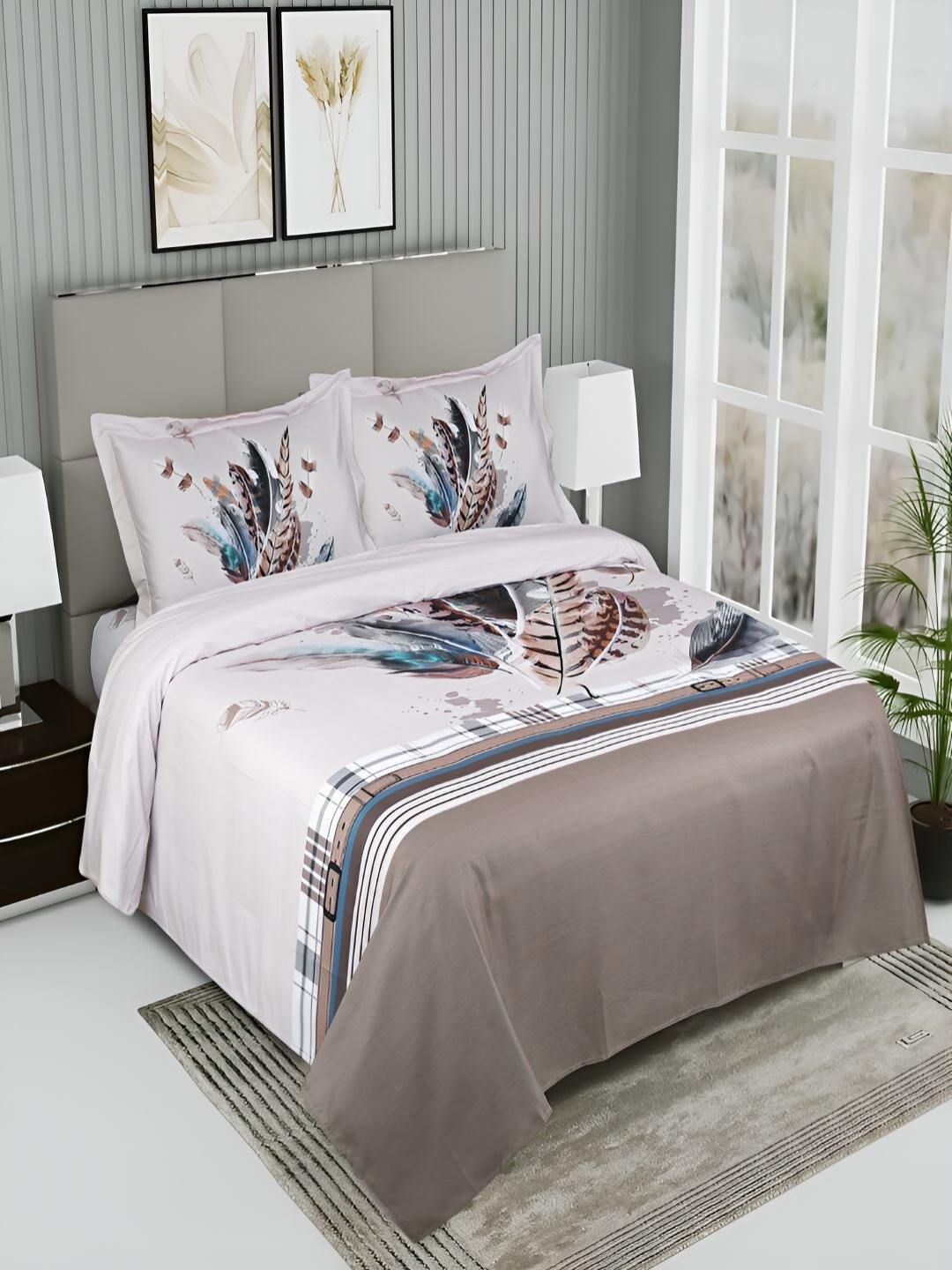 

GAPU & BALY White & Grey Abstract 200 TC King Bedsheet with 2 Pillow Covers