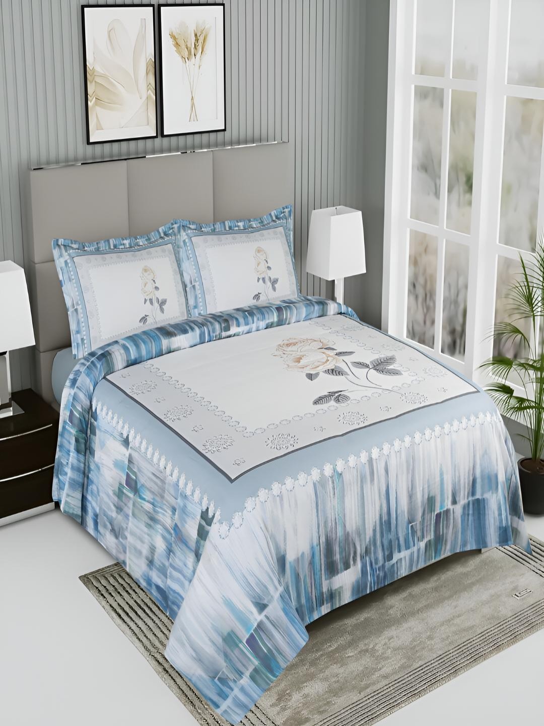 

GAPU & BALY White & Blue Floral 200 TC King Bedsheet With 2 Pillow Covers