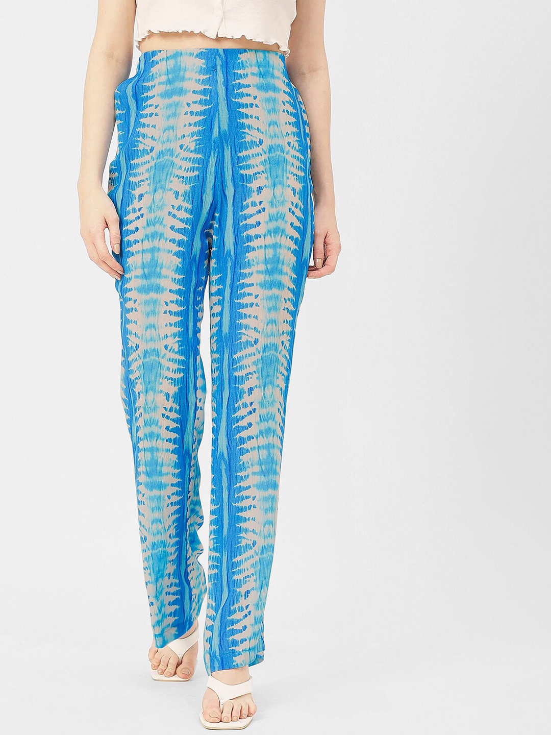 

Moomaya Women Textured Loose Fit High-Rise Trousers, Blue