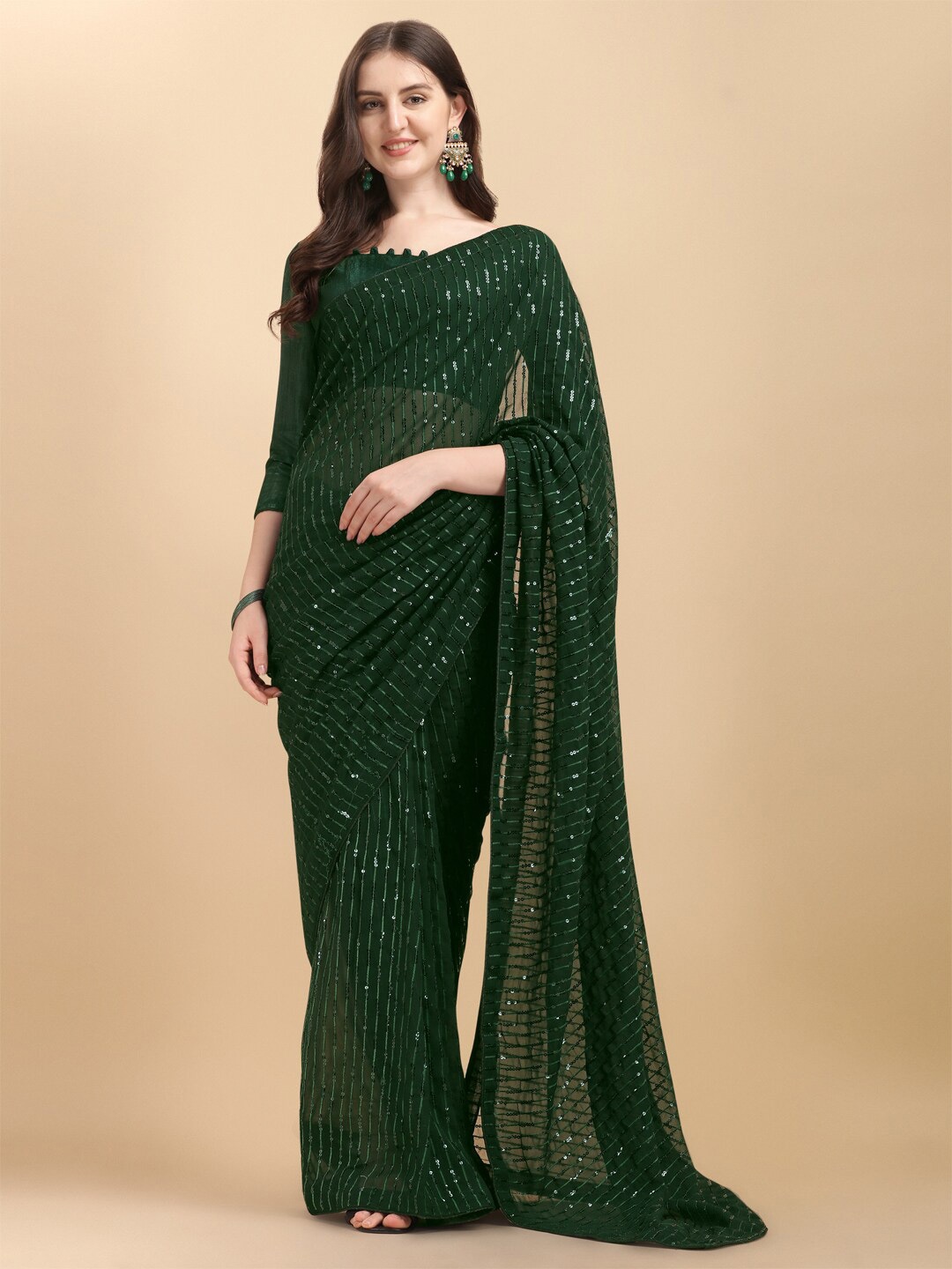 

Bhavyam Striped Embellished Sequinned Pure Georgette Saree, Green