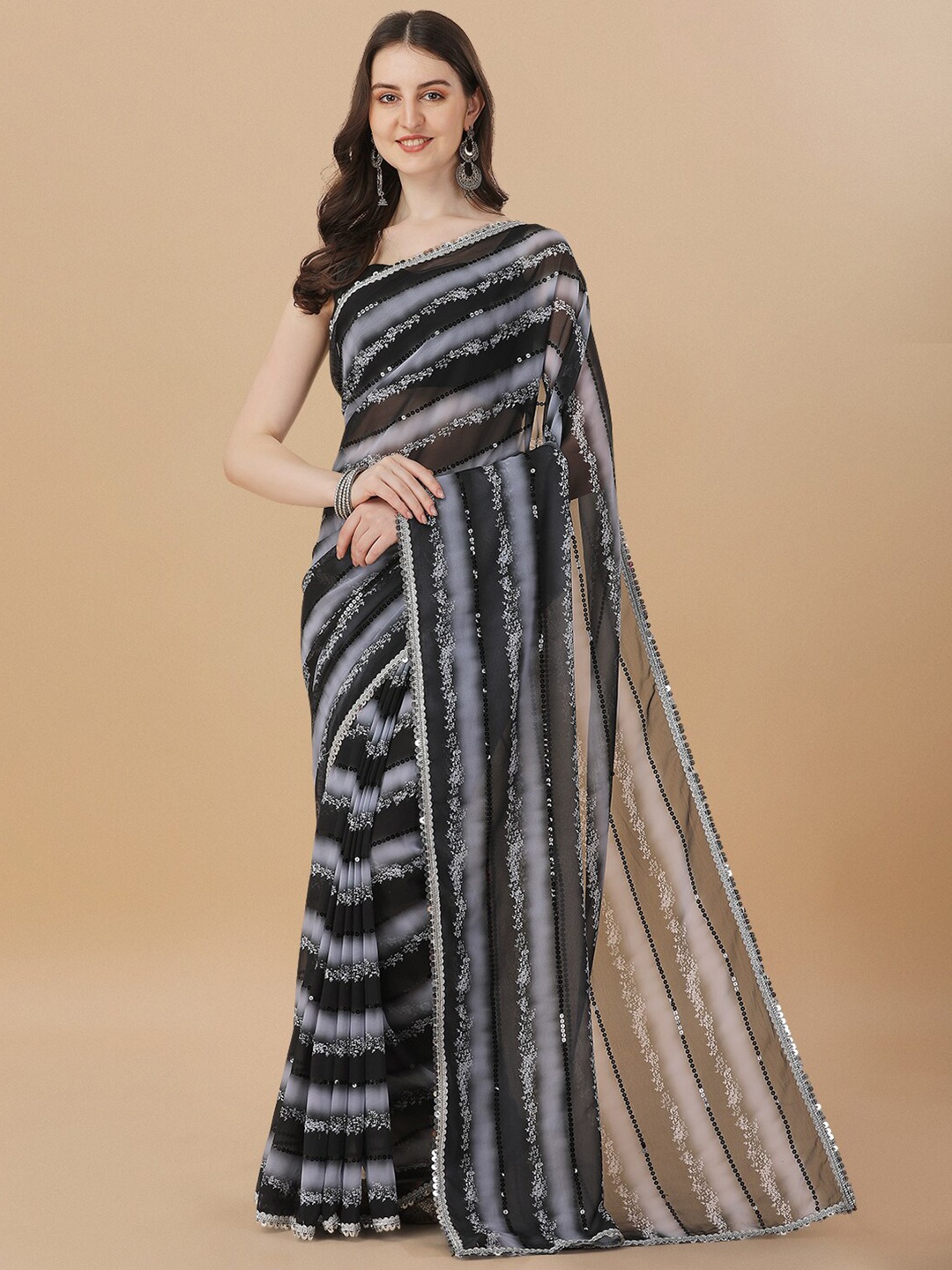 

Bhavyam Embellished Sequinned Pure Georgette Party Saree, Black