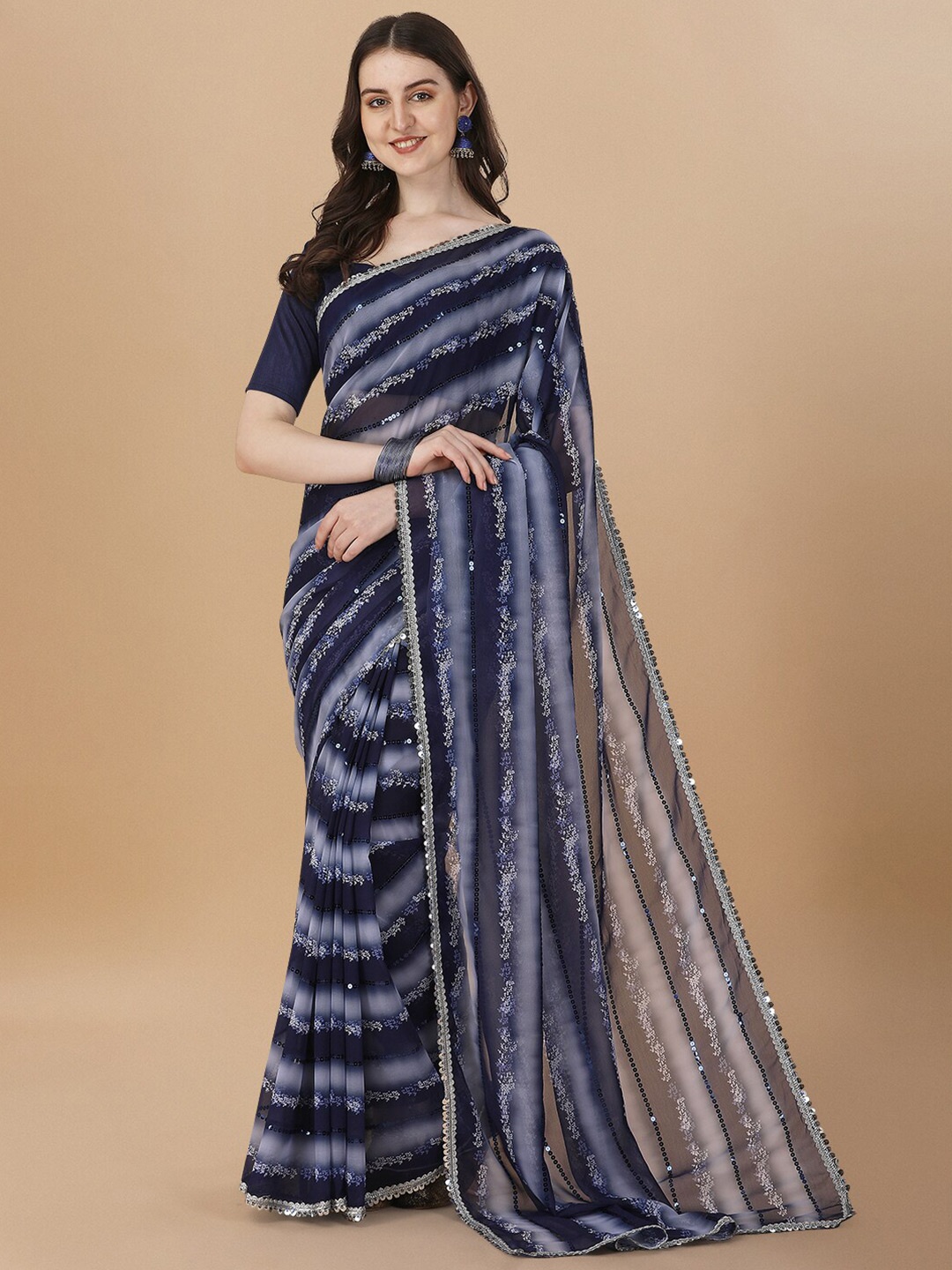 

Bhavyam Printed Pure Georgette Party Saree, Navy blue