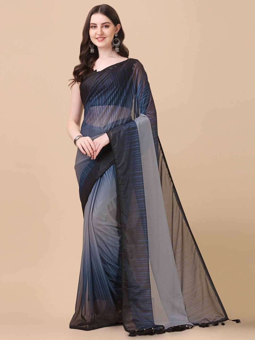 

Bhavyam Striped Printed Saree, Blue