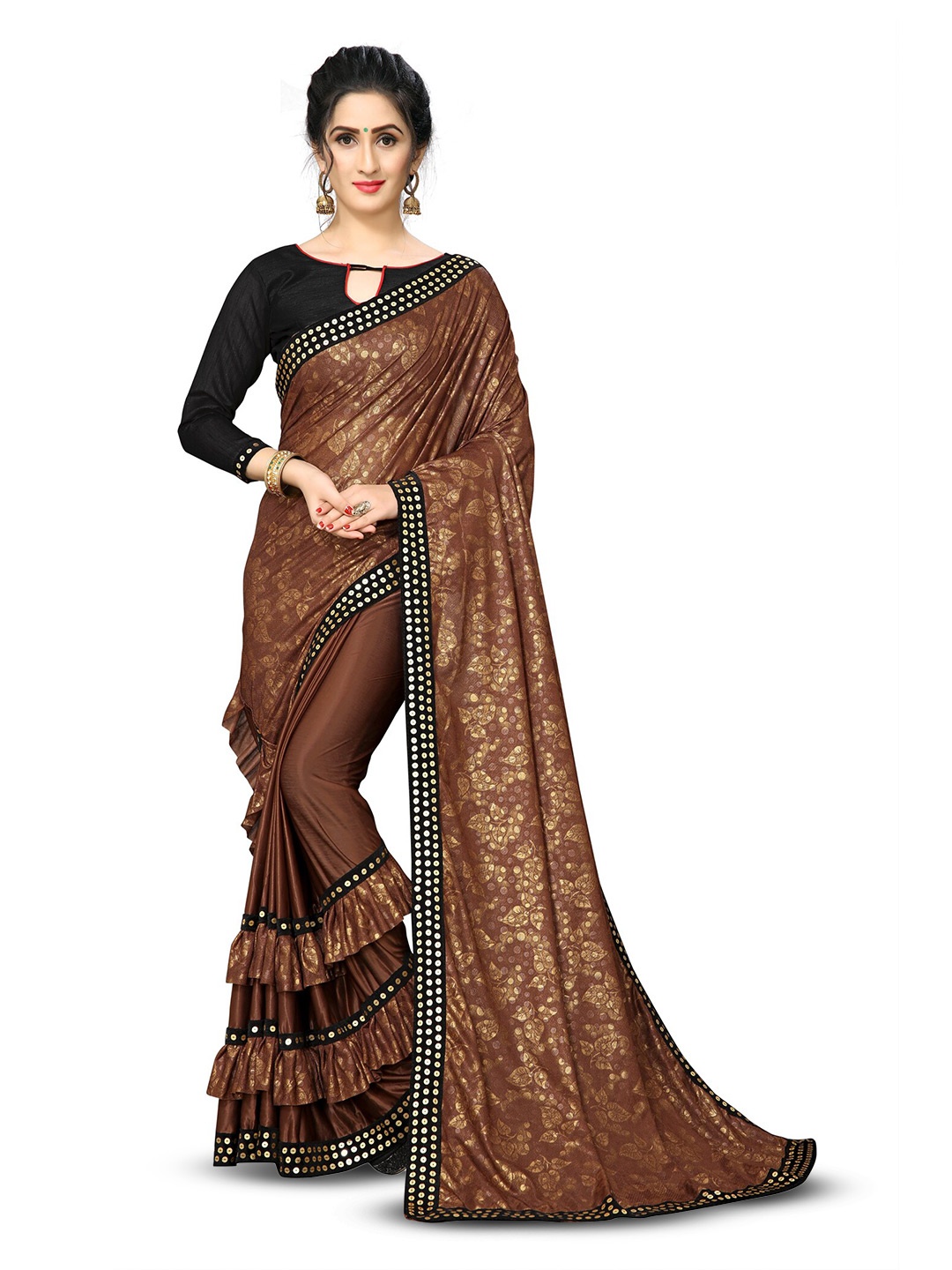 

Bhavyam Floral Woven Design Sequinned Saree, Brown