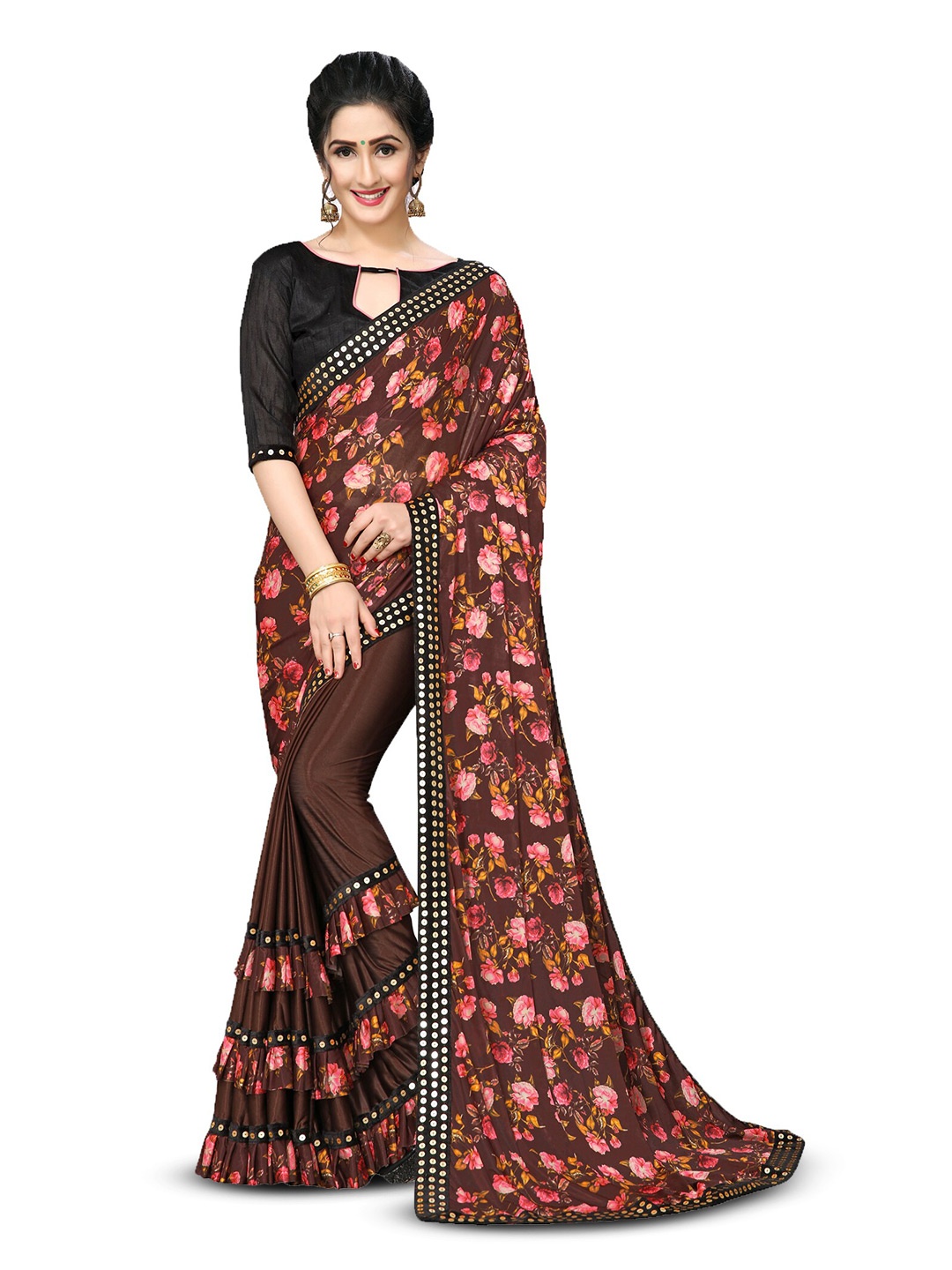 

Bhavyam Floral Sequinned Party Wear Saree, Brown