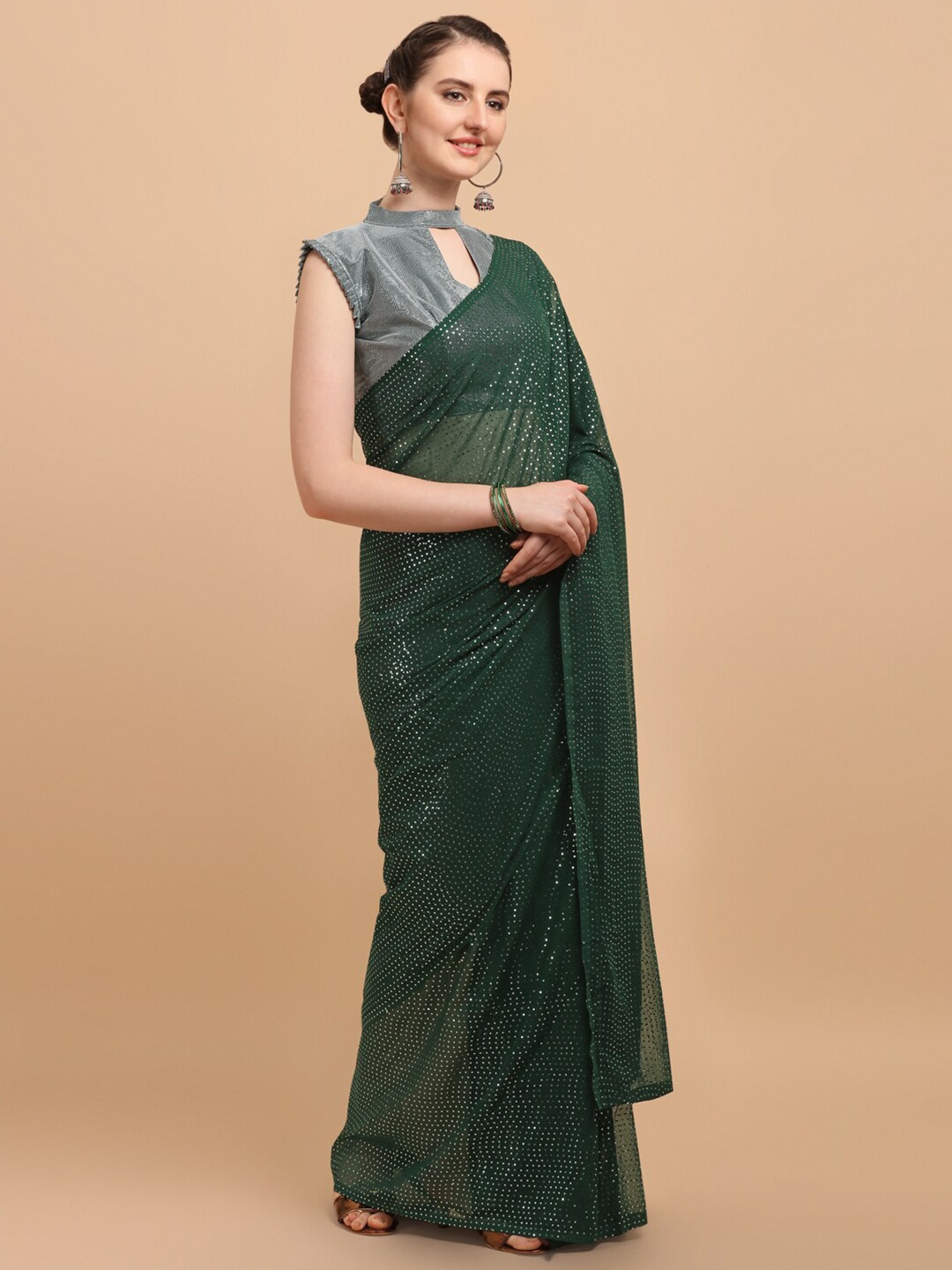 

Bhavyam Embellished Sequinned Pure Georgette Saree, Green