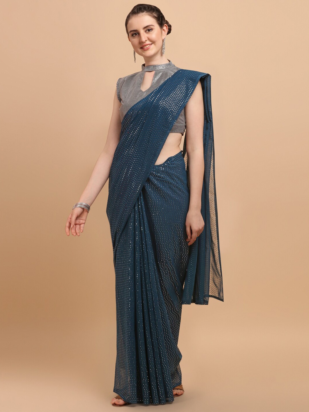 

Bhavyam Embellished Sequinned Pure Georgette Party Saree, Teal