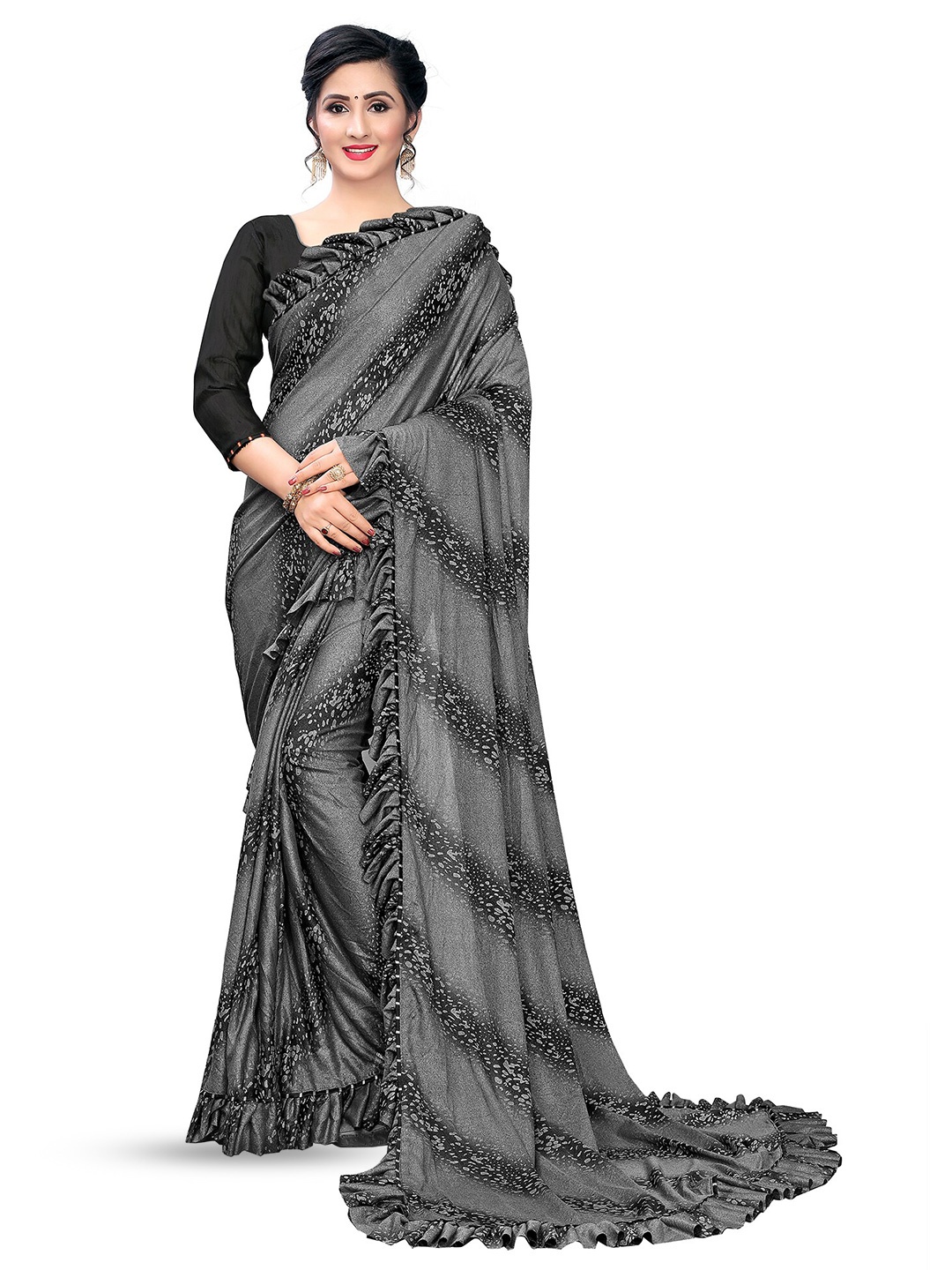 

Bhavyam Abstract Printed Ruffles Saree, Grey