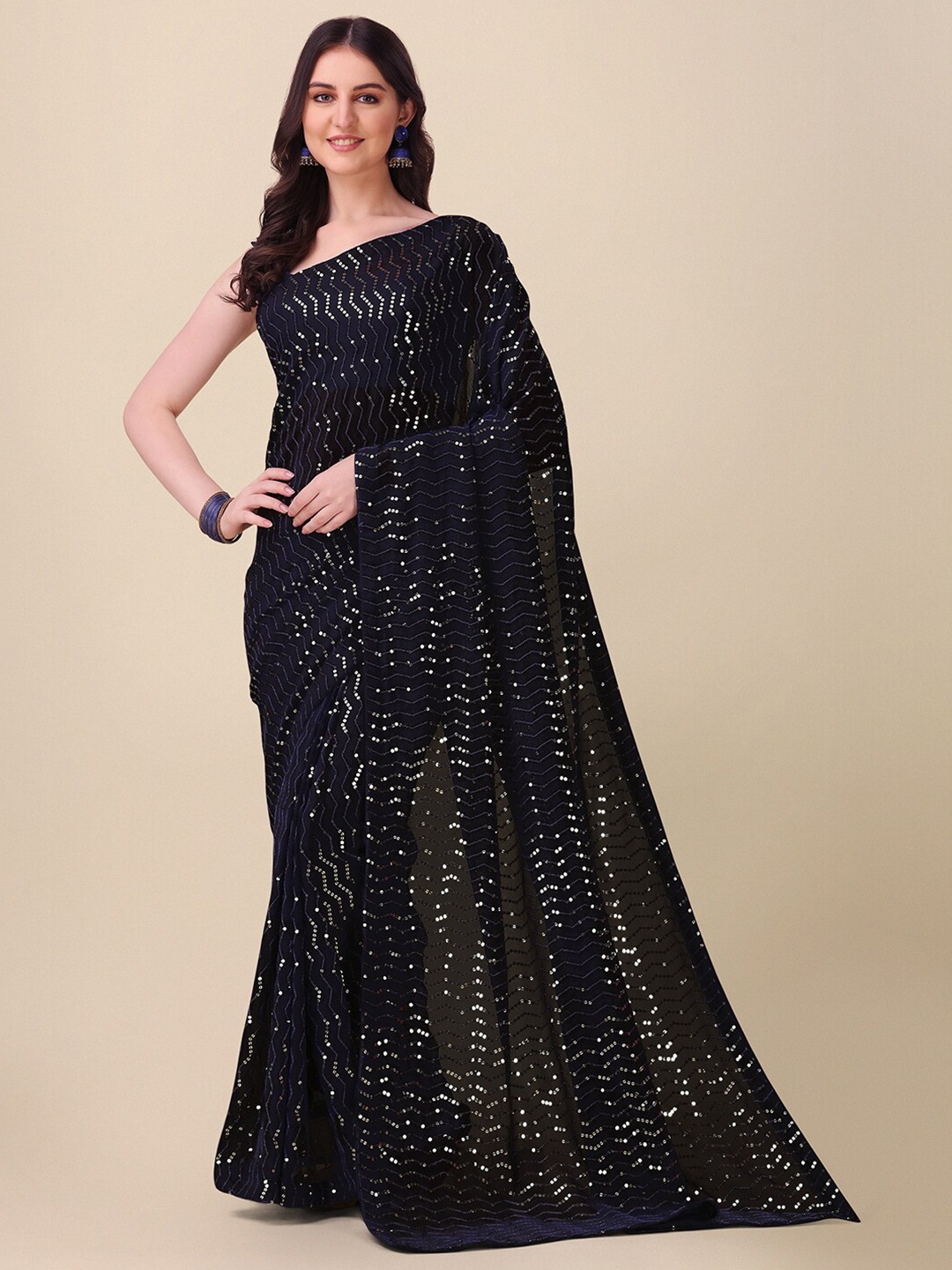 

Bhavyam Embellished Sequinned Pure Georgette Party Saree, Navy blue