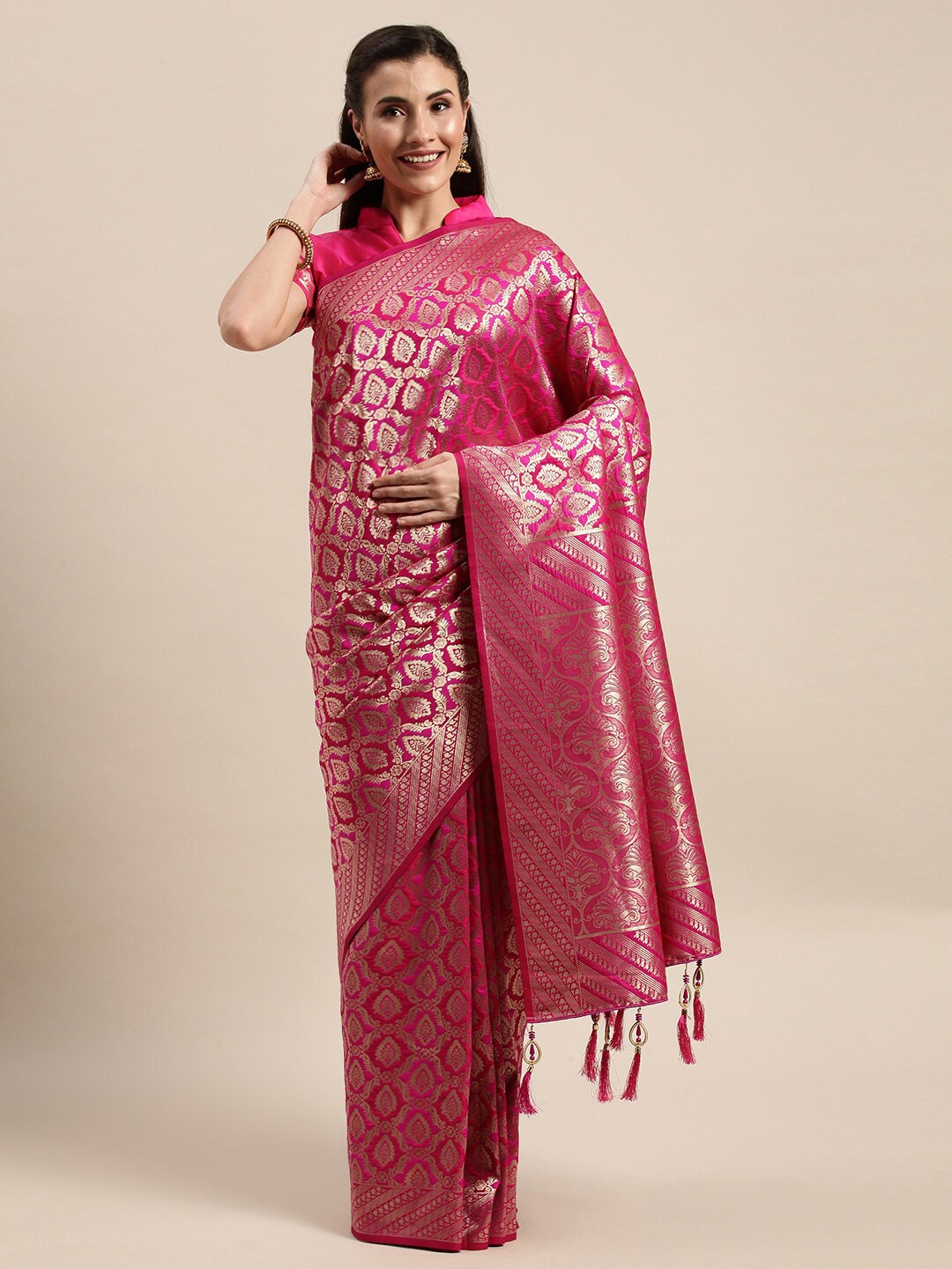 

Bhavyam Ethnic Motifs Zari Banarasi Saree, Pink