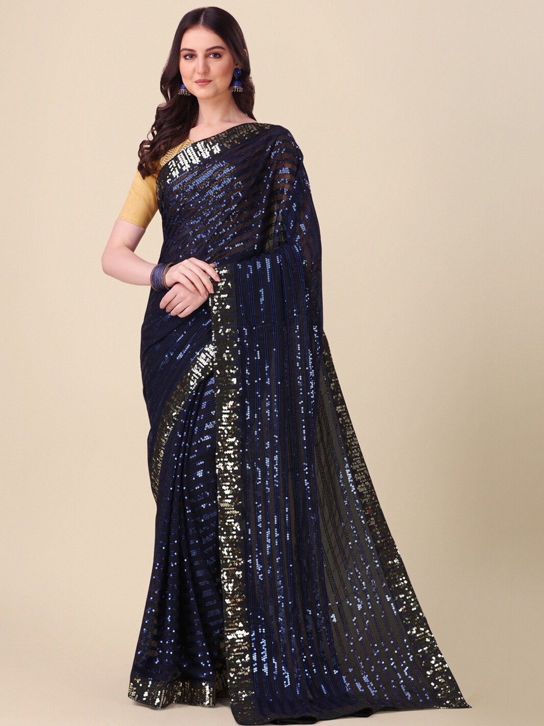 

Bhavyam Embellished Sequinned Pure Georgette Party Saree, Navy blue