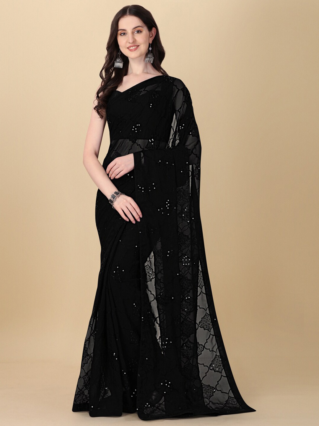 

Bhavyam Ethnic Motifs Embellished Sequinned Pure Georgette Saree, Black