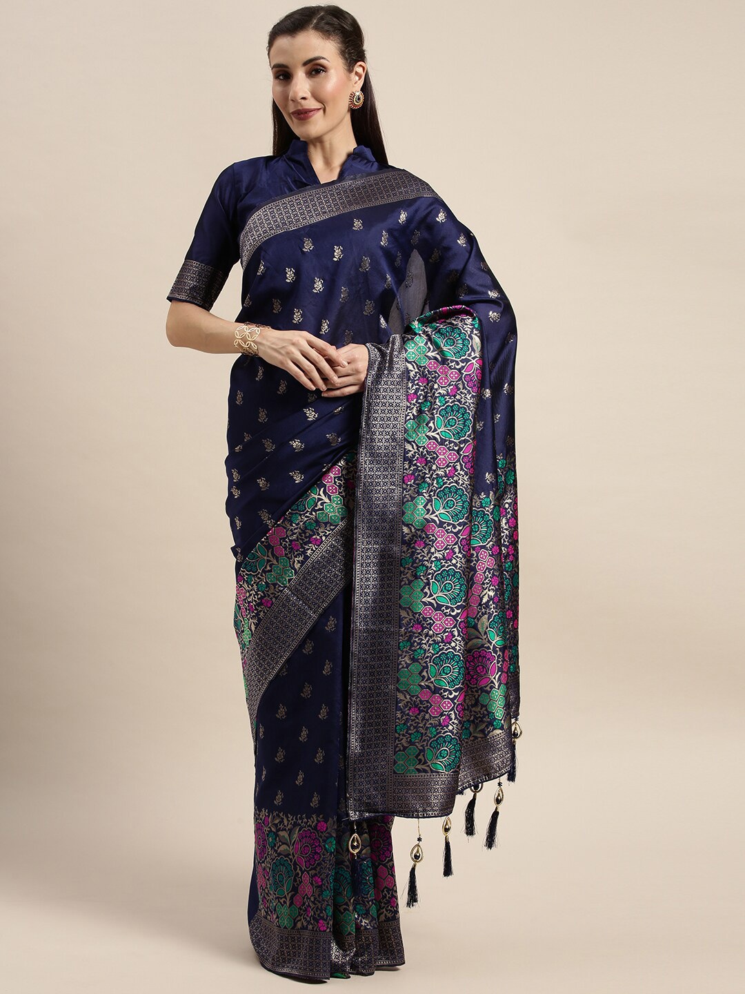 

Bhavyam Ethnic Motifs Zari Banarasi Saree, Navy blue