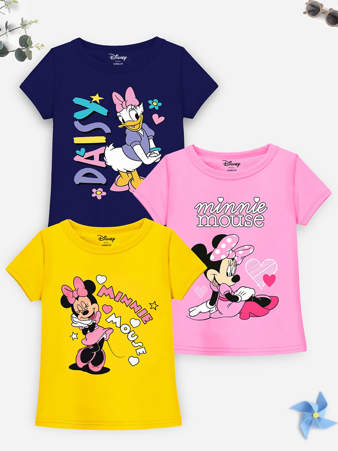 

YK Disney Girls Pack of 3 Round Neck Short Sleeves Minnie Mouse Printed Casual T-shirt, Navy blue