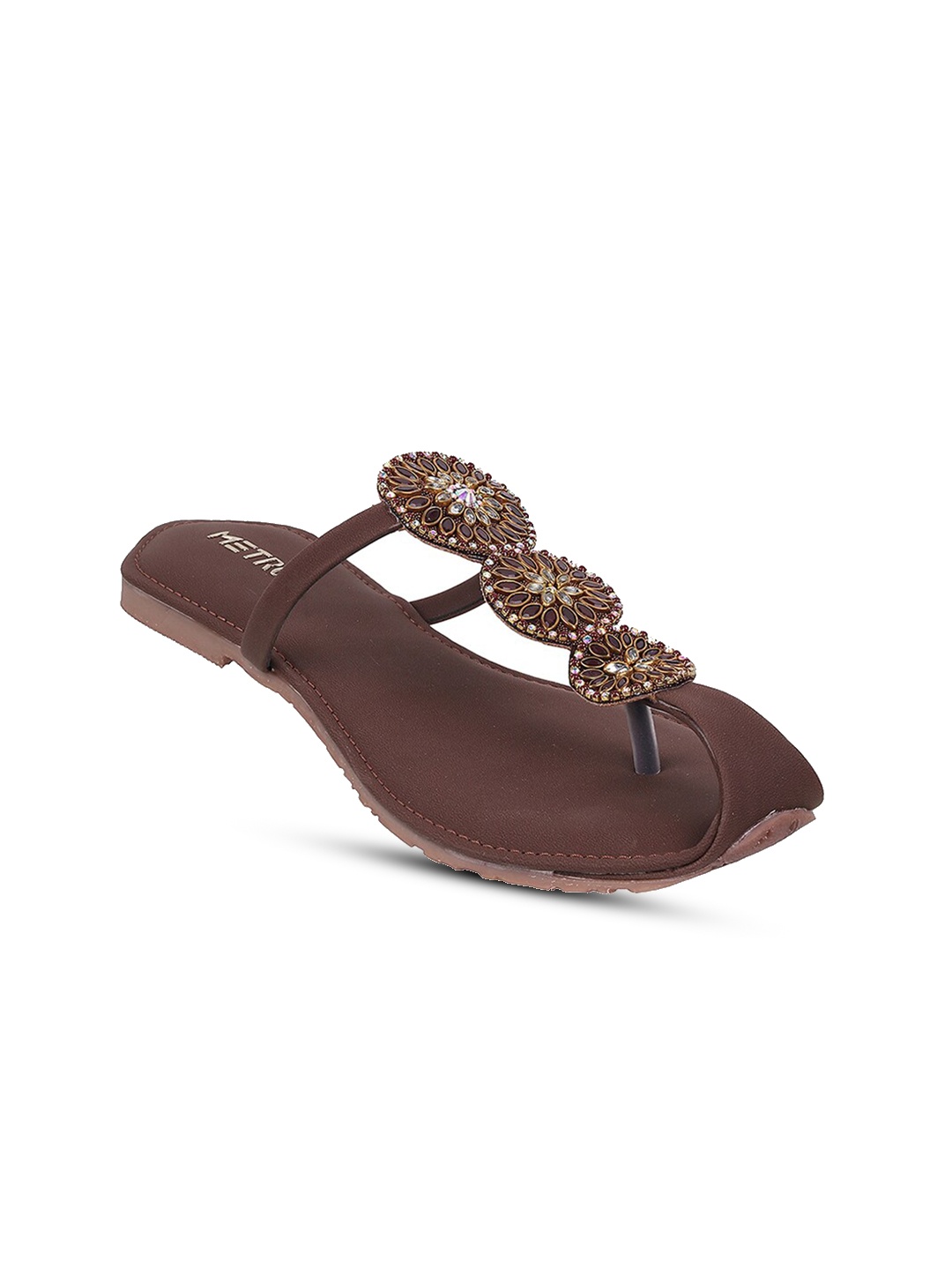 

Metro Embellished Open Toe T-Strap Flats, Brown