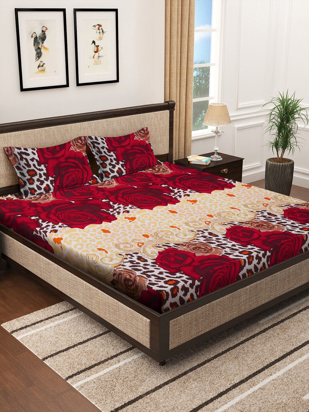 

KLOTTHE Red & Beige Printed 300 TC Cotton Blend Double King Bedsheet Set