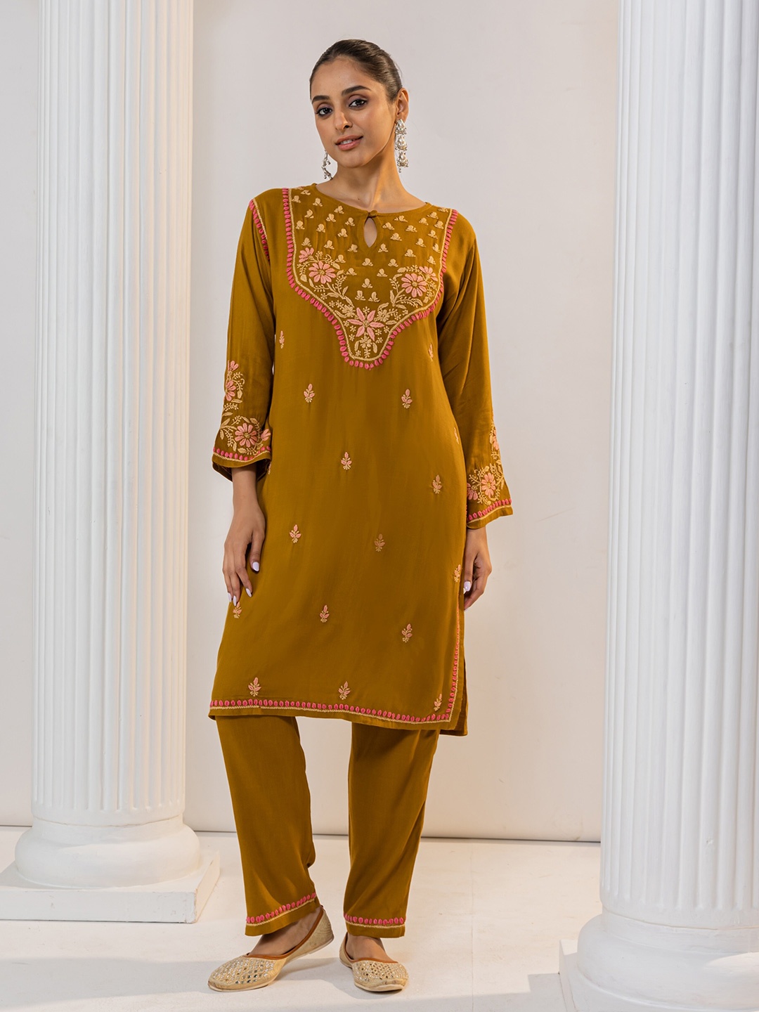 

HOUSE OF KARI Floral Embroidered Chikankari Kurta With Palazzo, Mustard