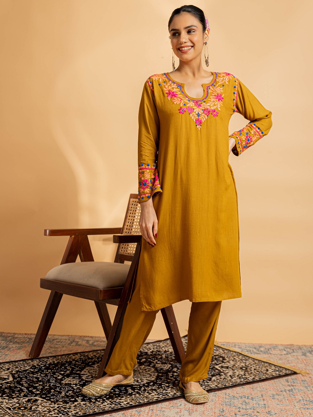 

HOUSE OF KARI Floral Yoke Design Chikankari Kurta With Palazzo, Mustard