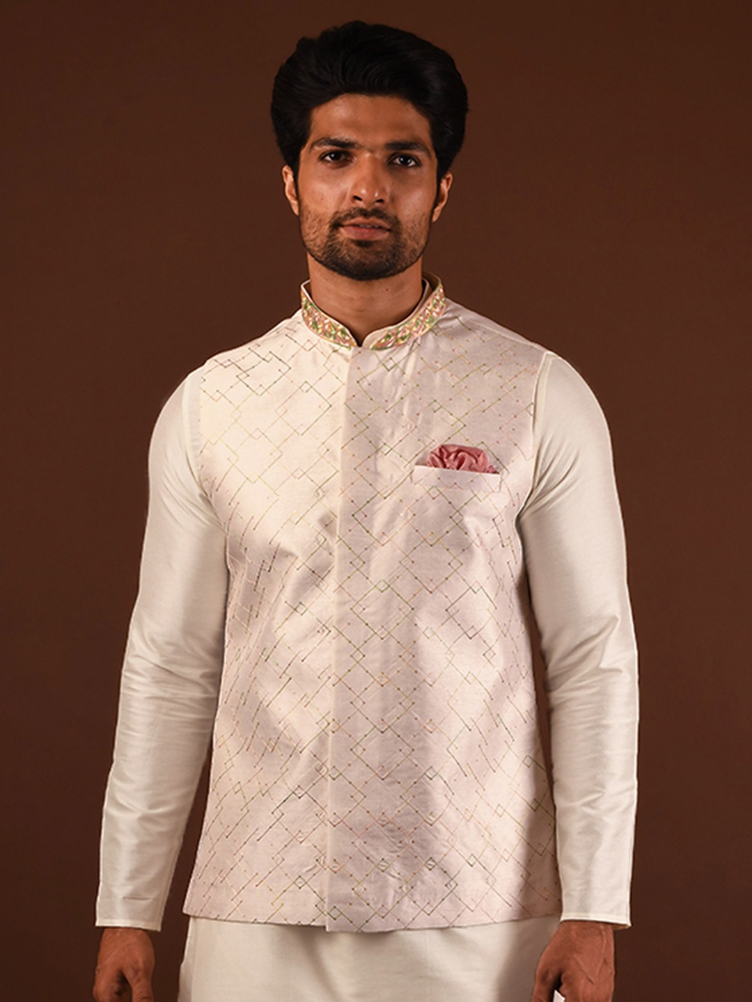 

KISAH Embellished Mandarin Collar Woven Nehru Jacket With Pocket Square, White