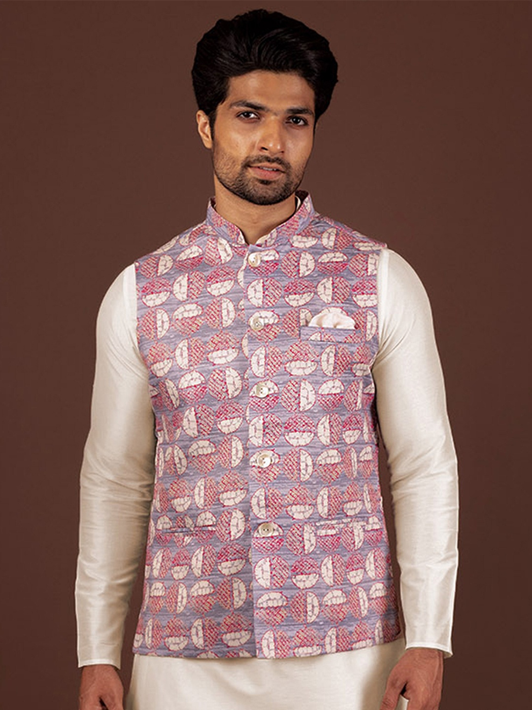 

KISAH Abstract Printed Mandarin Collar Nehru Jackets With Pocket Square, Pink