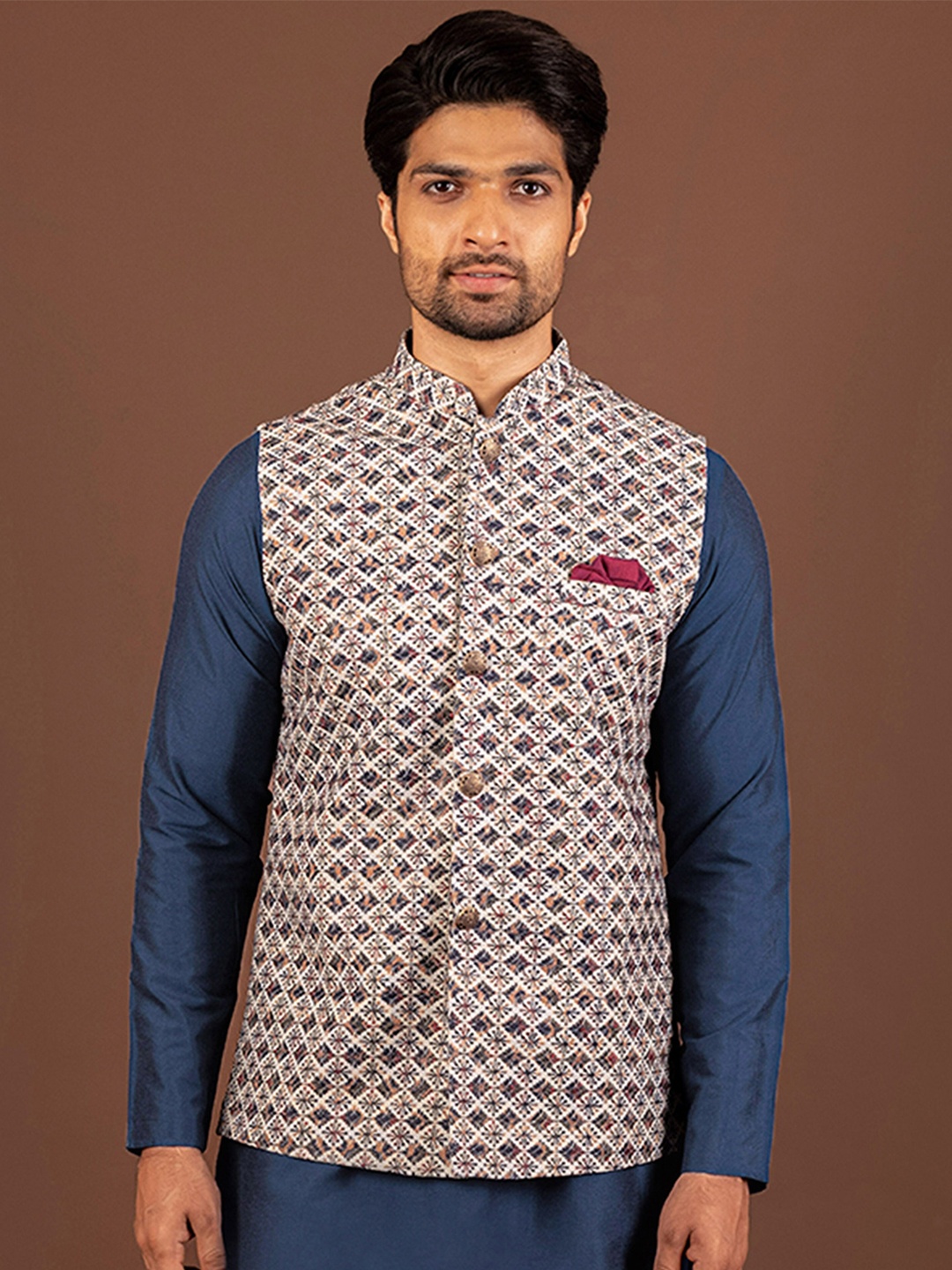 

KISAH Ethnic Motifs Woven Design Mandarin Collar Nehru Jacket With Pocket Square, Beige