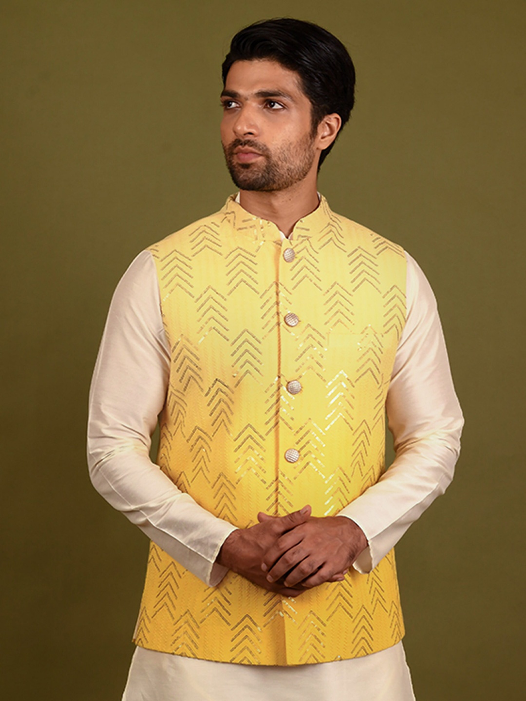 

KISAH Embellished Woven Nehru Jacket, Yellow