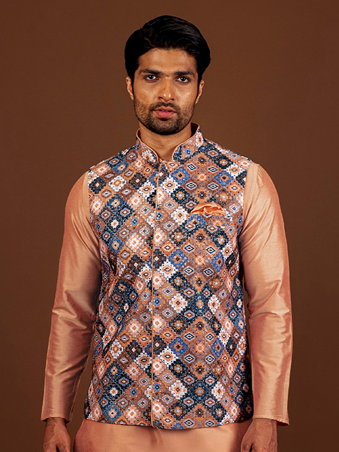 

KISAH Ethnic Motifs Printed Embellished Nehru Jacket, Blue