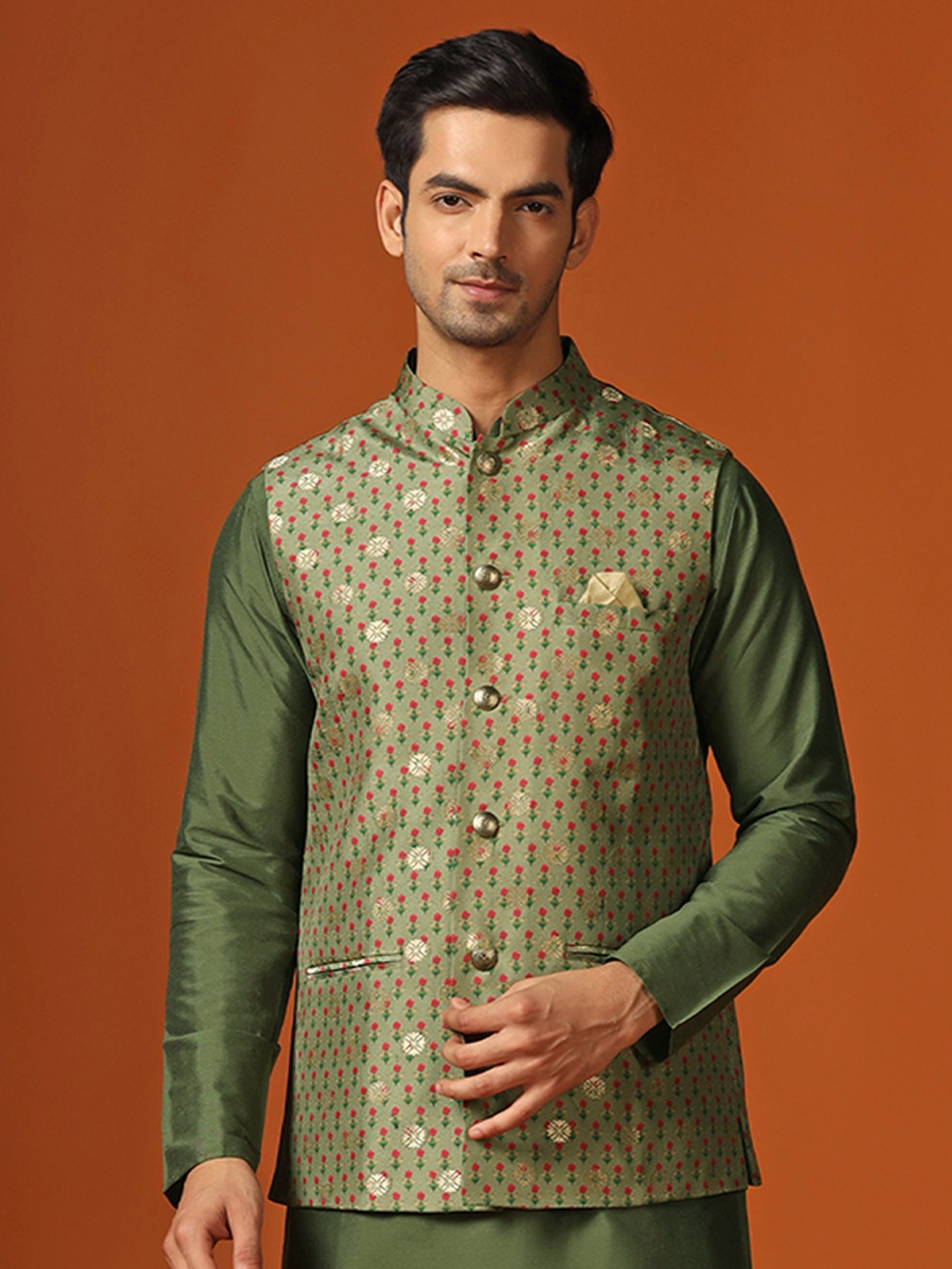 

KISAH Floral Printed Woven Nehru Jacket, Green