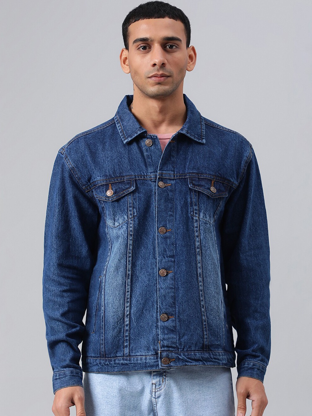 

Kotty Blue Spread Collar Washed Denim Jacket