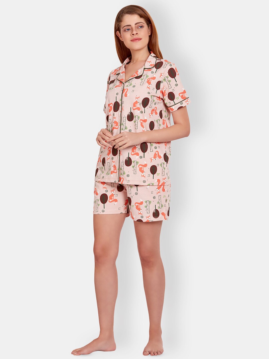 

MAYSIXTY Conversational Printed Pure Cotton Night suit, Peach