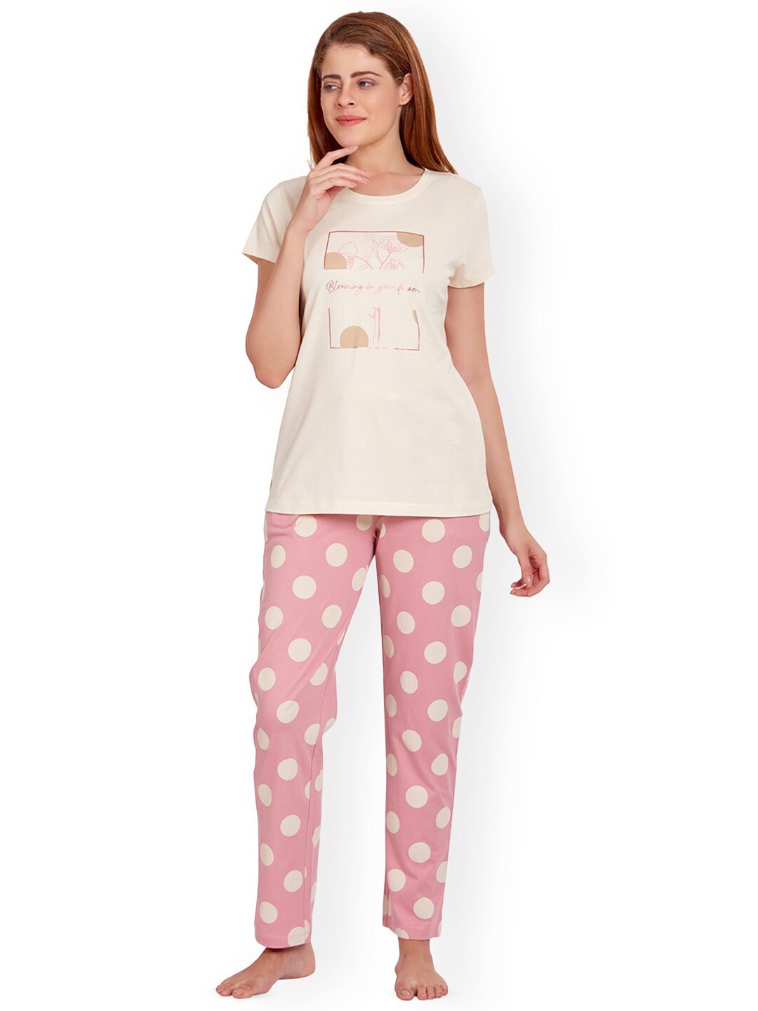 

MAYSIXTY Printed Round Neck Pure Cotton Night suit, Off white
