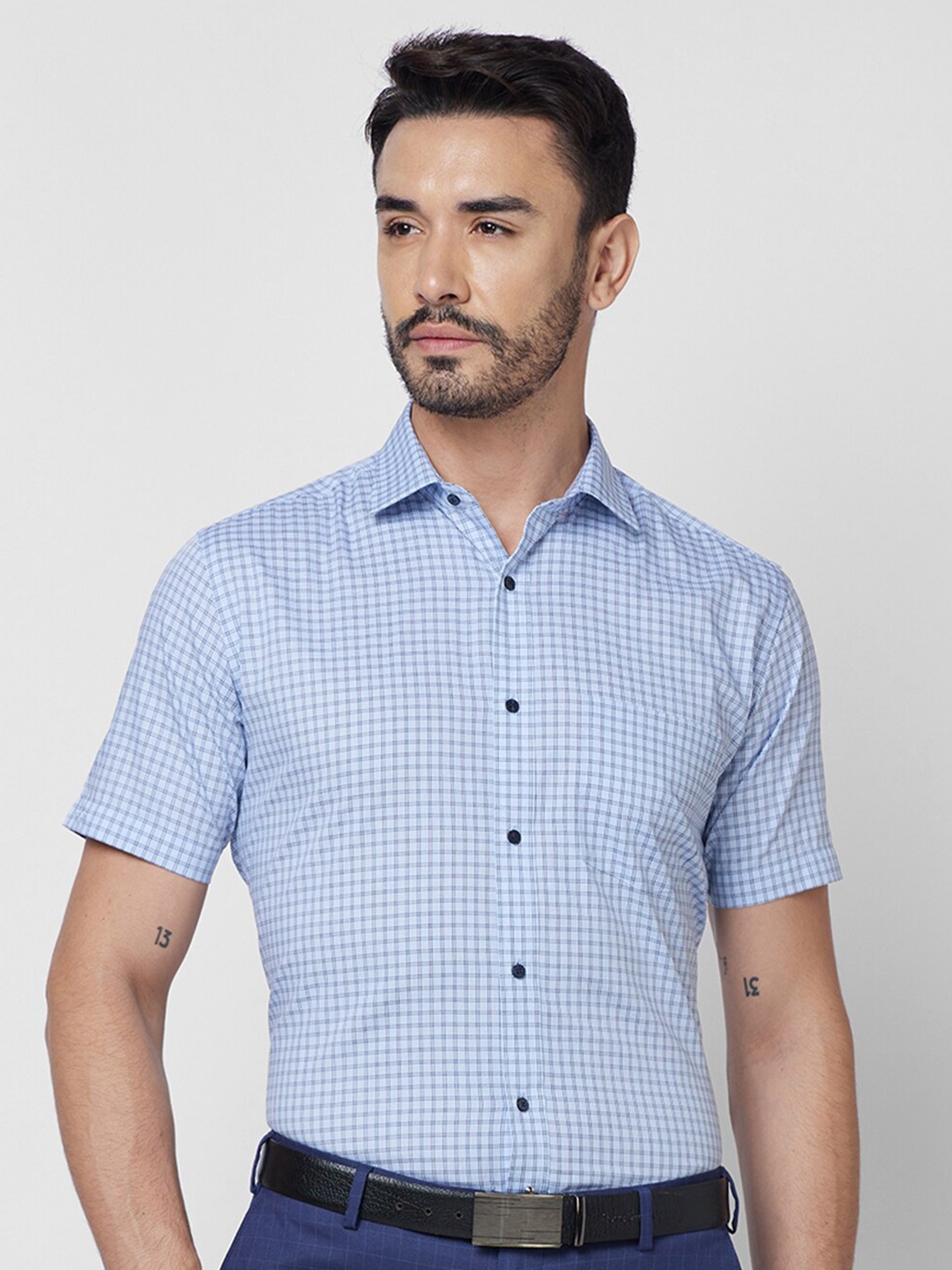 

Park Avenue Micro Checked Spread Collar Cotton Formal Shirt, Blue