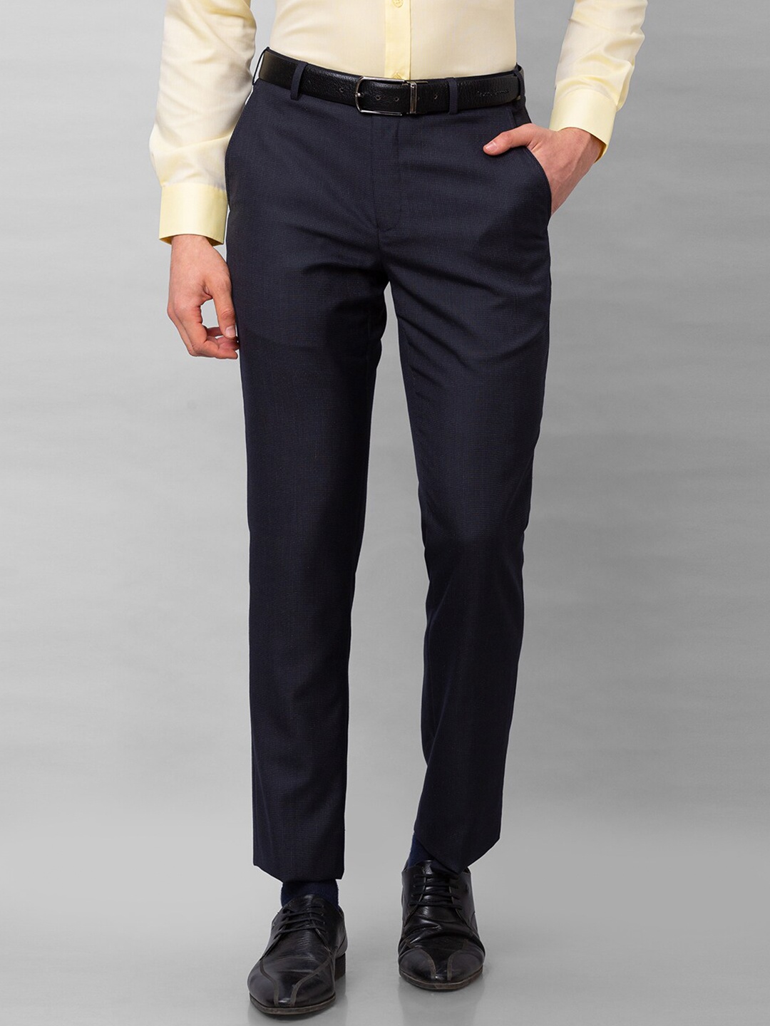 

Park Avenue Men Self Design Mid-Rise Regular Fit Formal Trousers, Blue