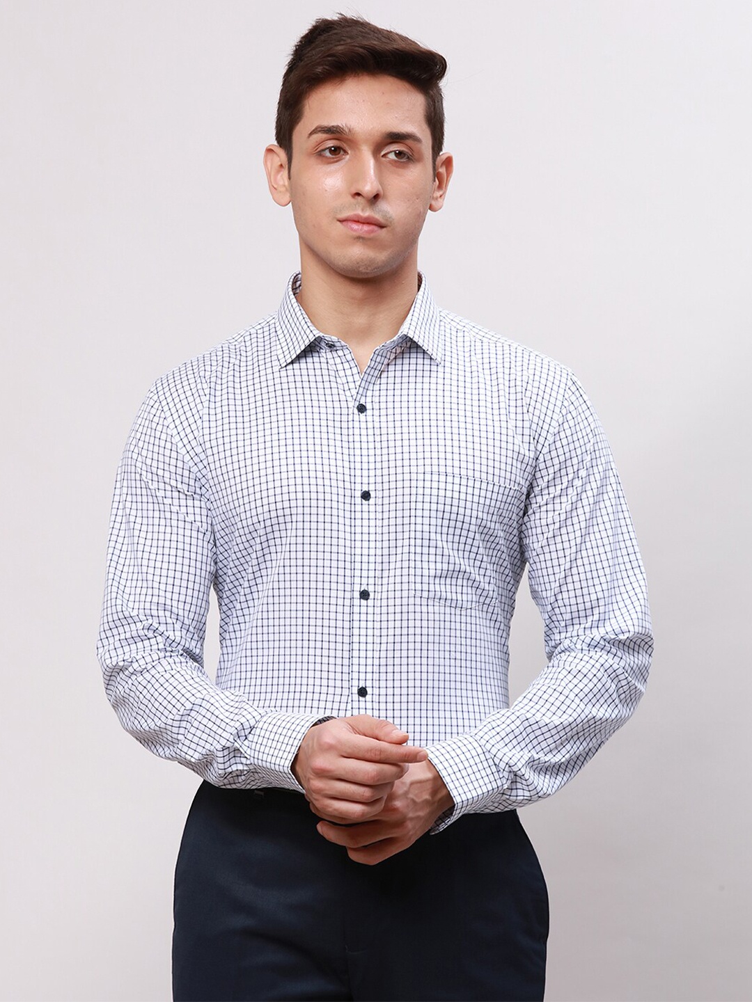 

Park Avenue Spread Collar Slim Fit Cotton Opaque Checked Formal Shirt, Blue