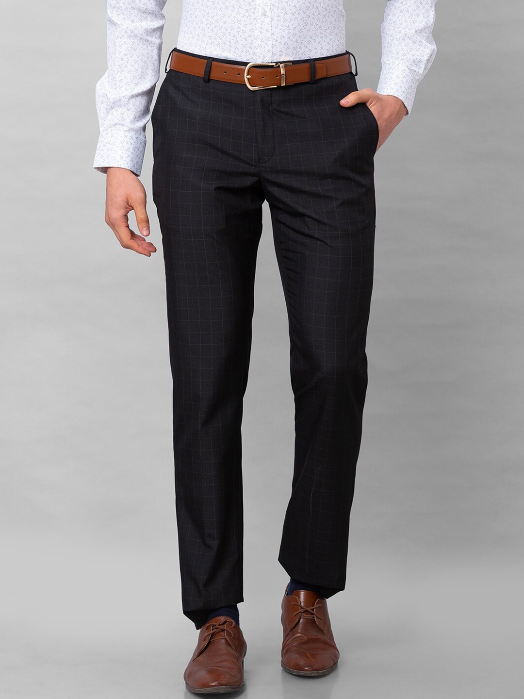 

Park Avenue Checked Regular Fit Mid-Rise Formal Trousers, Black