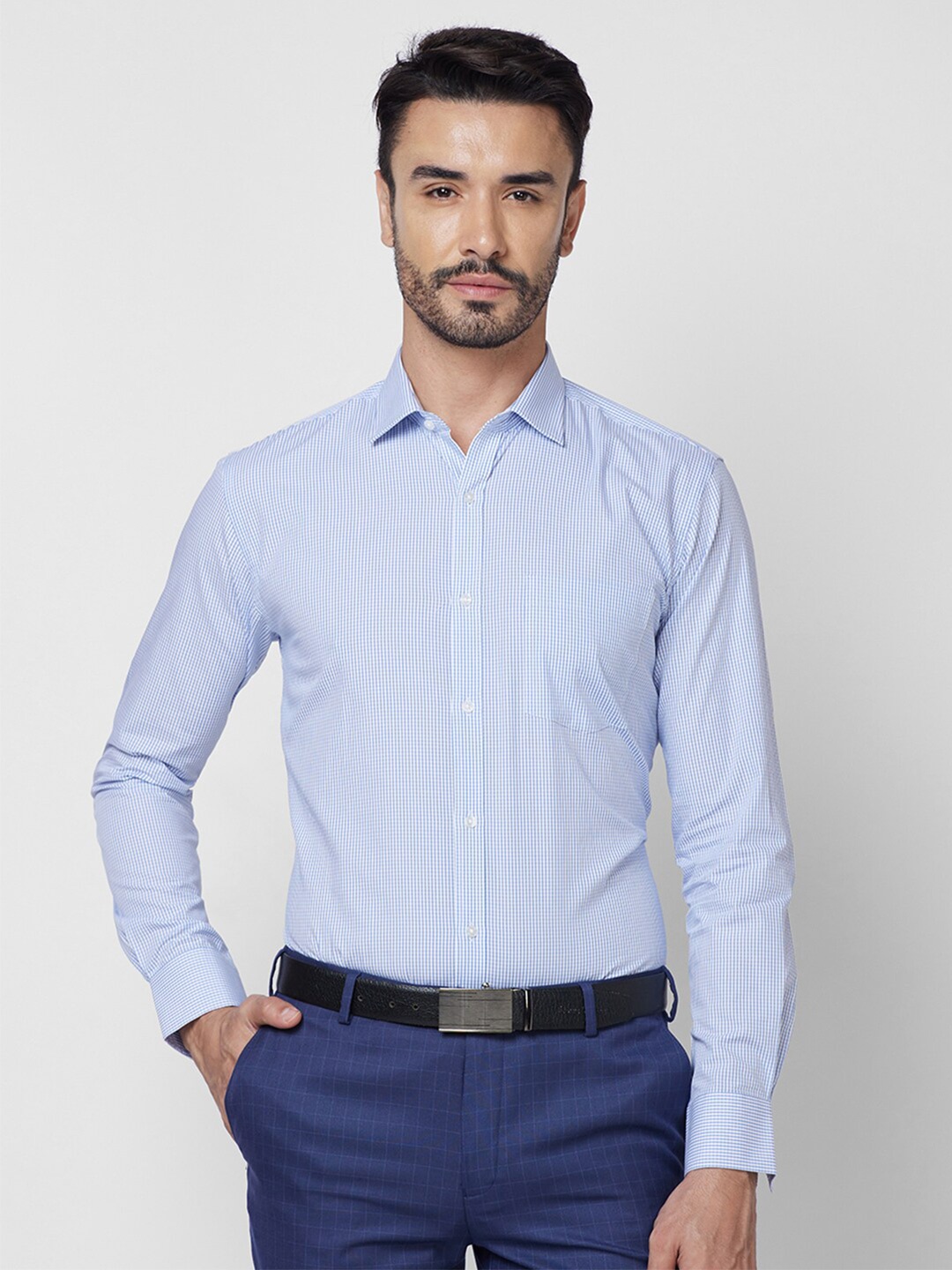 

Park Avenue Slim Fit Micro Checks Opaque Cotton Formal Shirt, Blue