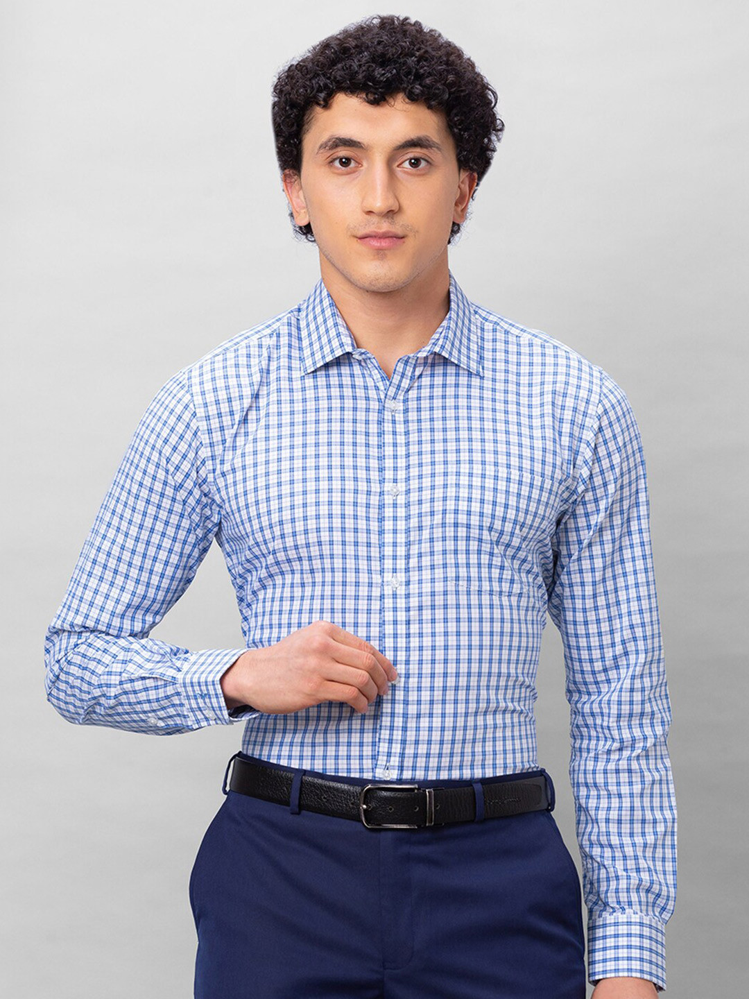 

Park Avenue Checked Cotton Spread Collar Slim Fit Opaque Formal Shirt, Blue