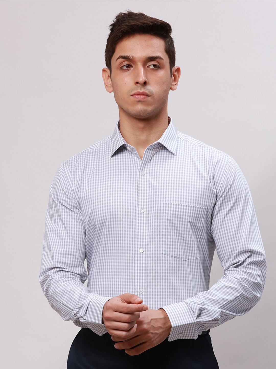 

Park Avenue Checked Cotton Slim Fit Spread Collar Curved Formal Shirt, Grey