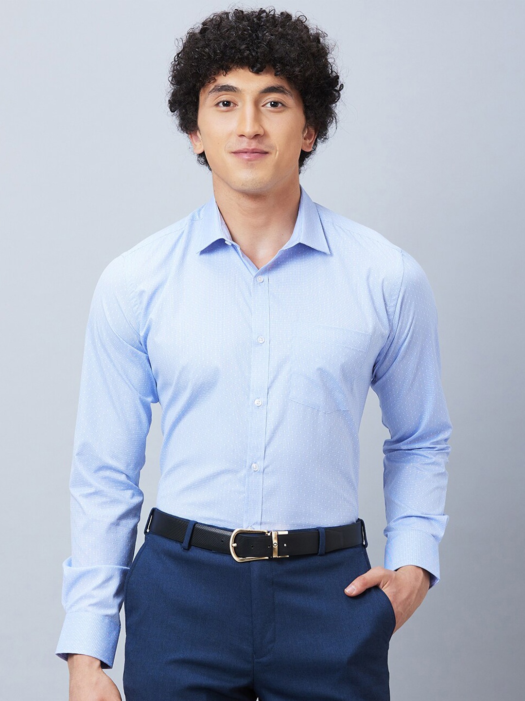 

Park Avenue Spread Collar Long Sleeves Slim Fit Micro Ditsy Printed Opaque Formal Shirt, Blue