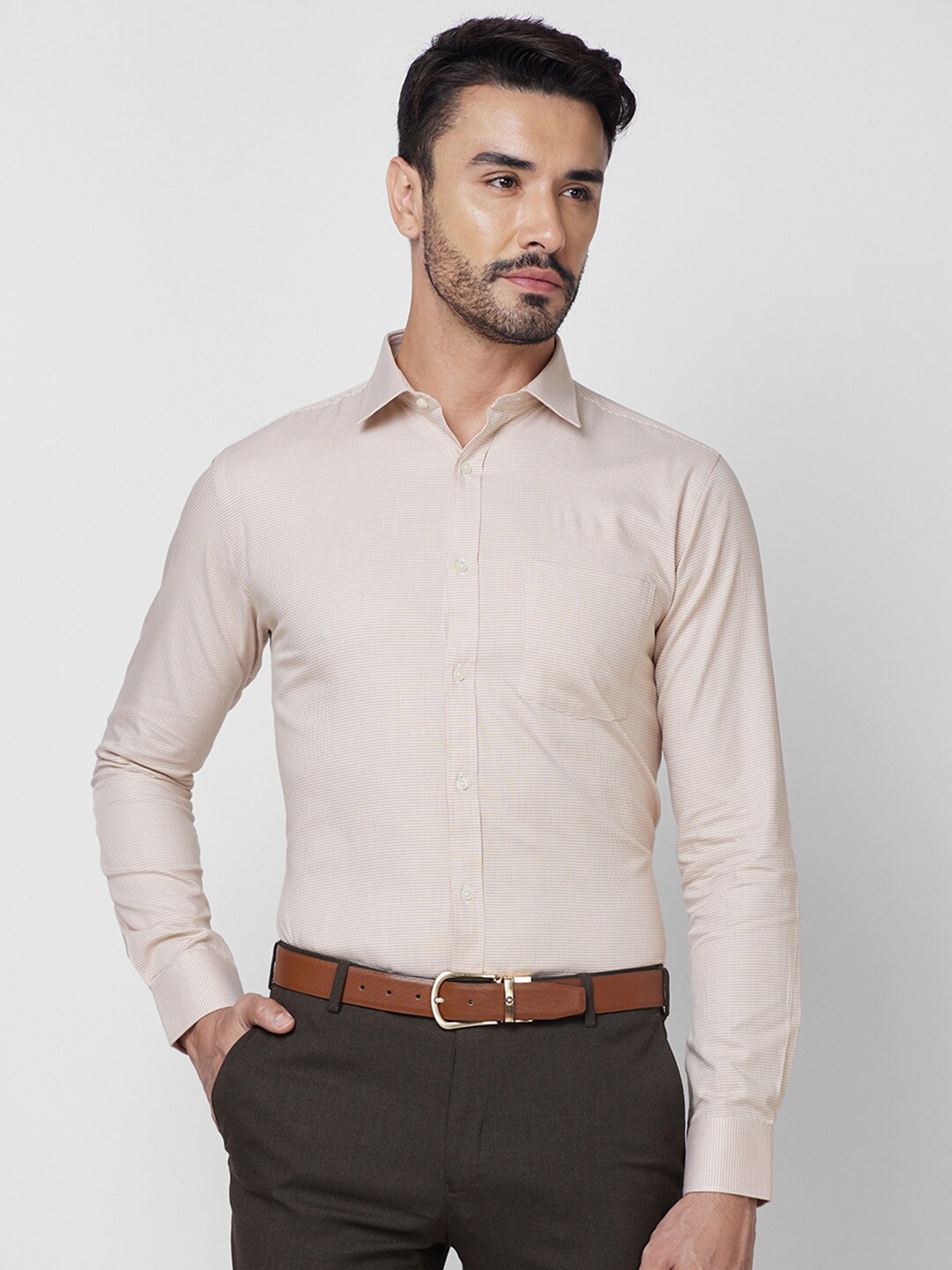 

Park Avenue Self Design Spread Collar Cotton Slim Fit Formal Shirt, Brown