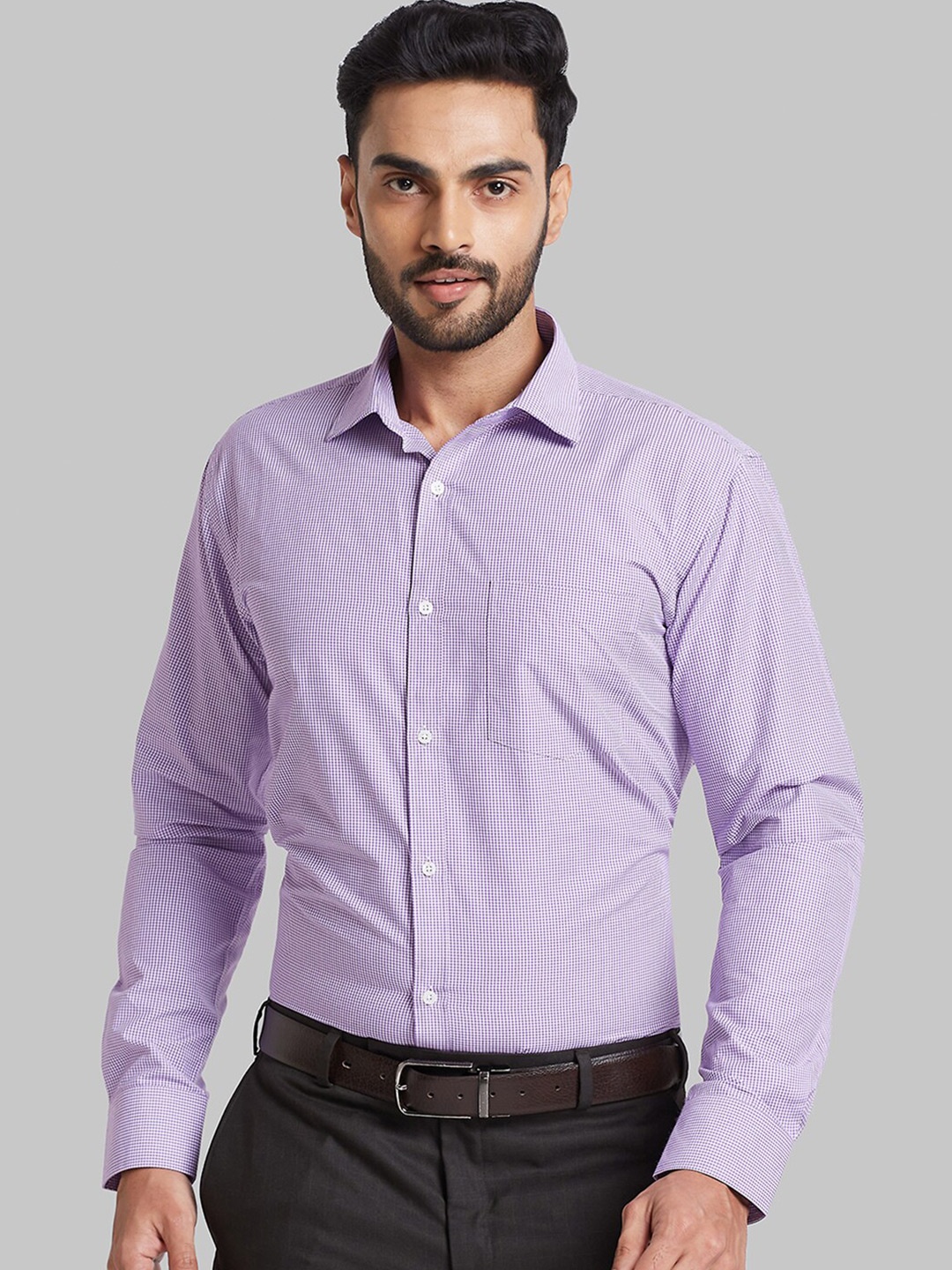

Park Avenue Slim Fit Micro Checks Spread Collar Formal Shirt, Violet