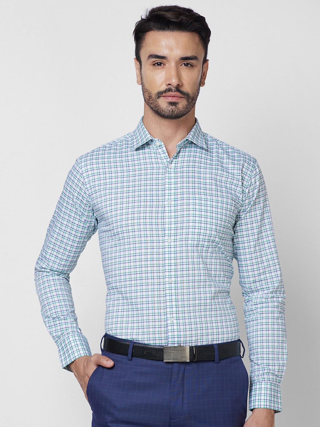 

Park Avenue Slim Fit Checked Cotton Formal Shirt, Green