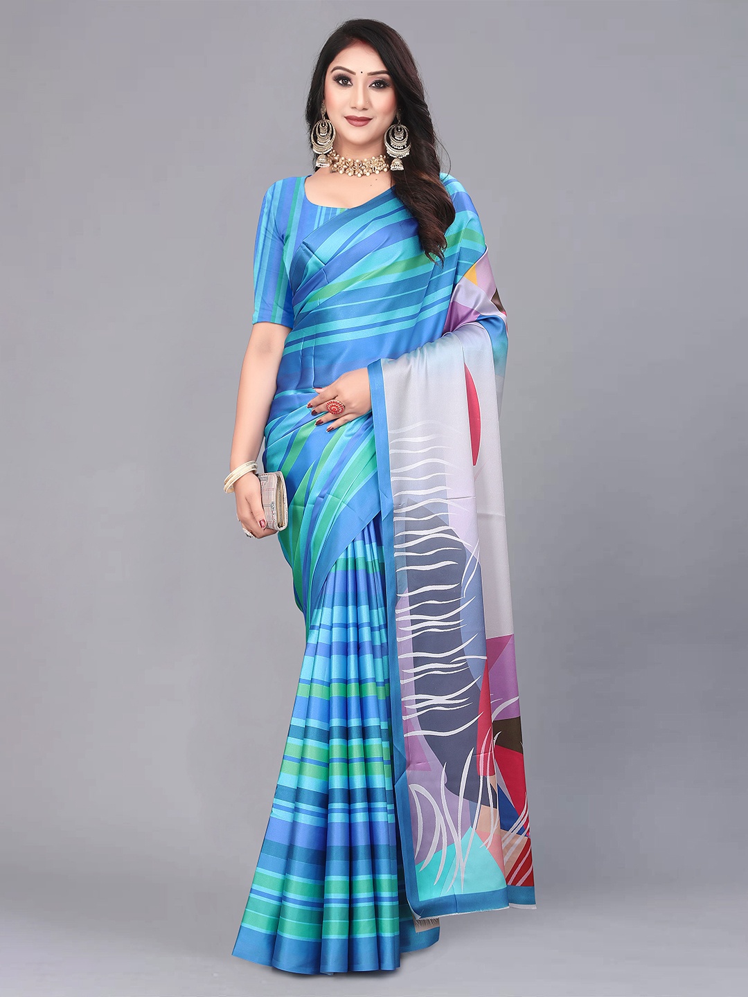 

NIWAA Striped Satin Saree, Blue