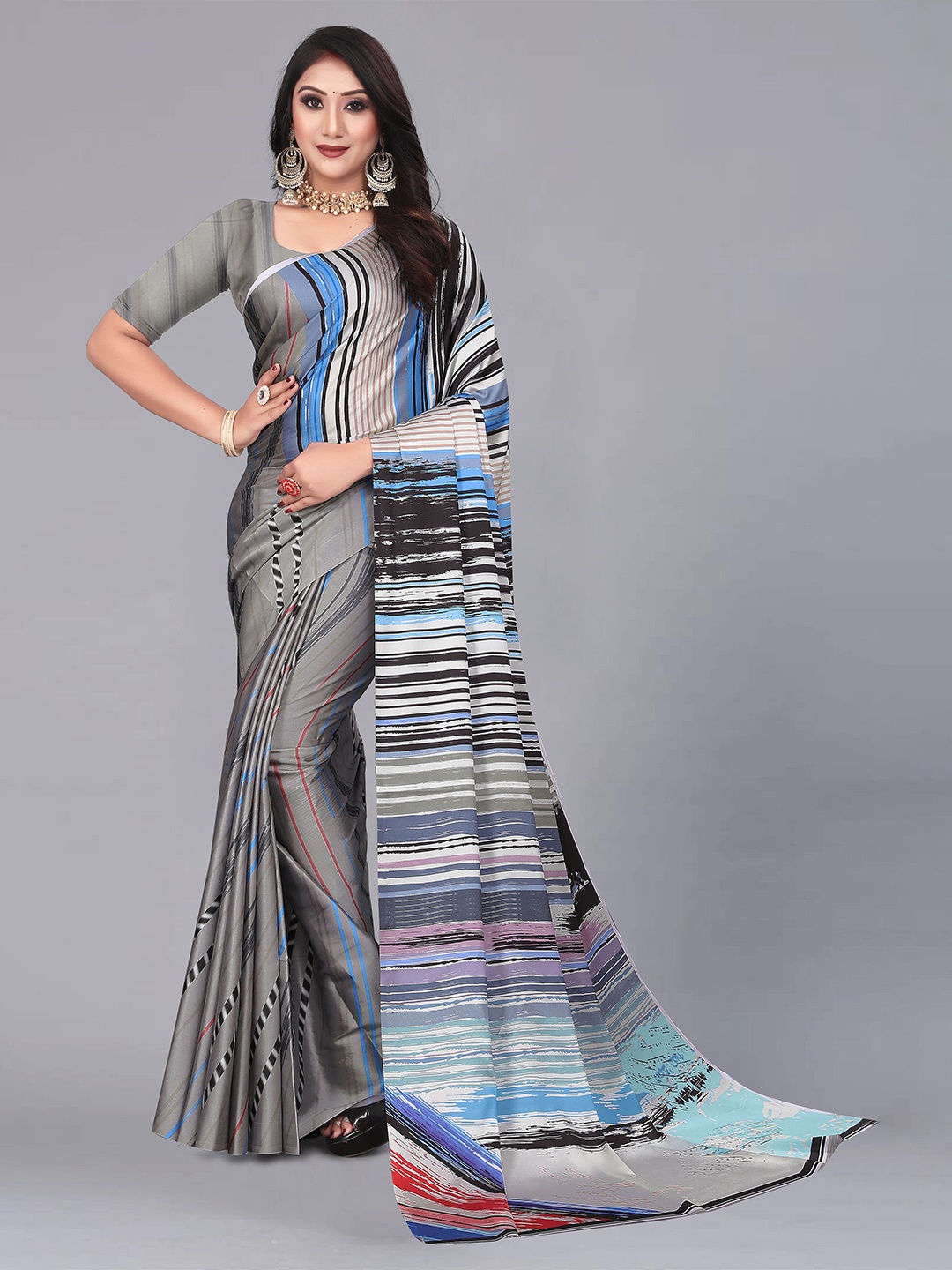

NIWAA Striped Satin Saree, Grey