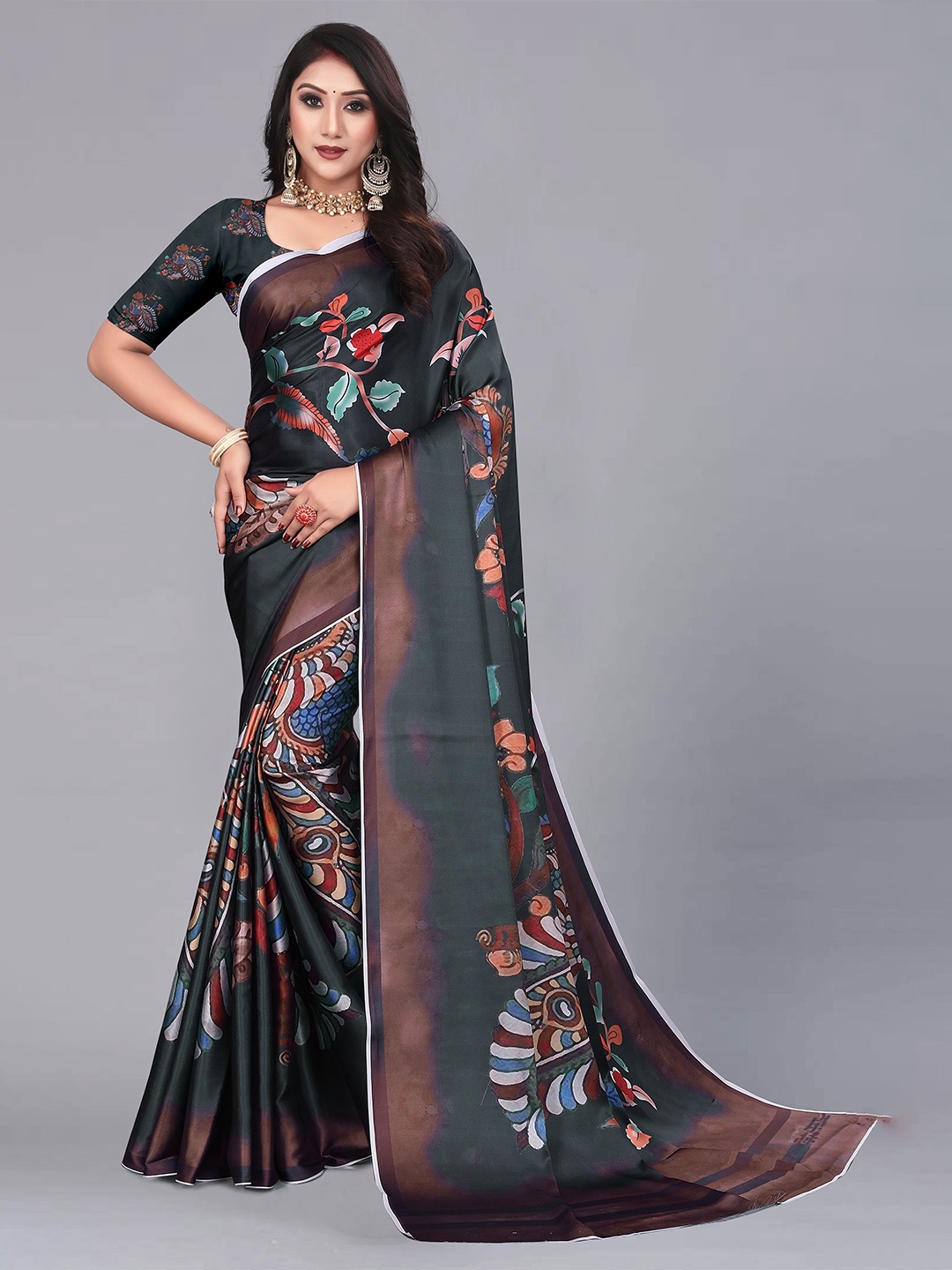 

NIWAA Floral Printed Satin Saree, Black