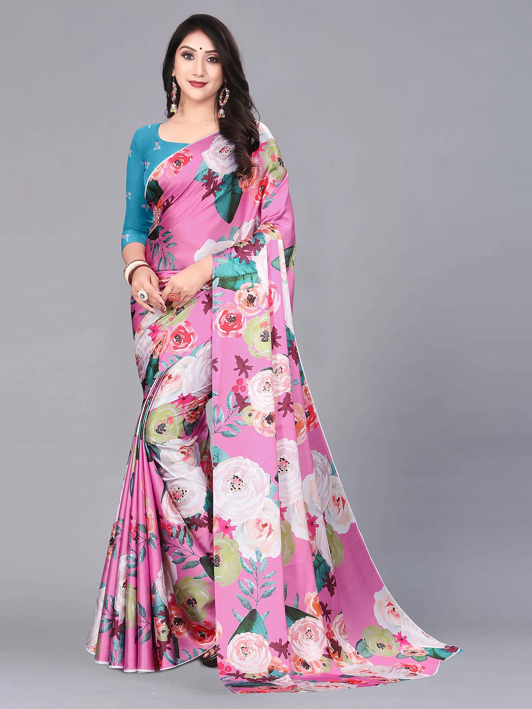 

NIWAA Floral Printed Satin Saree, Pink